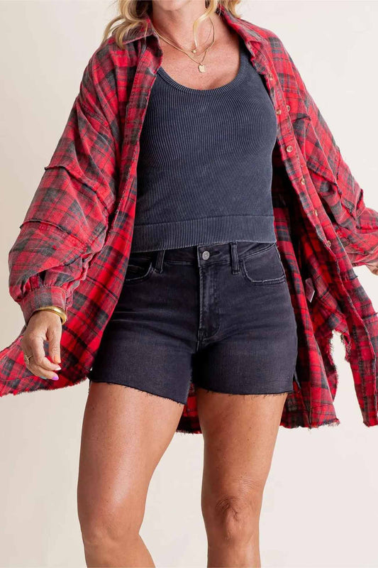 Plaid Button Down Fringed Slit Hem Blouse