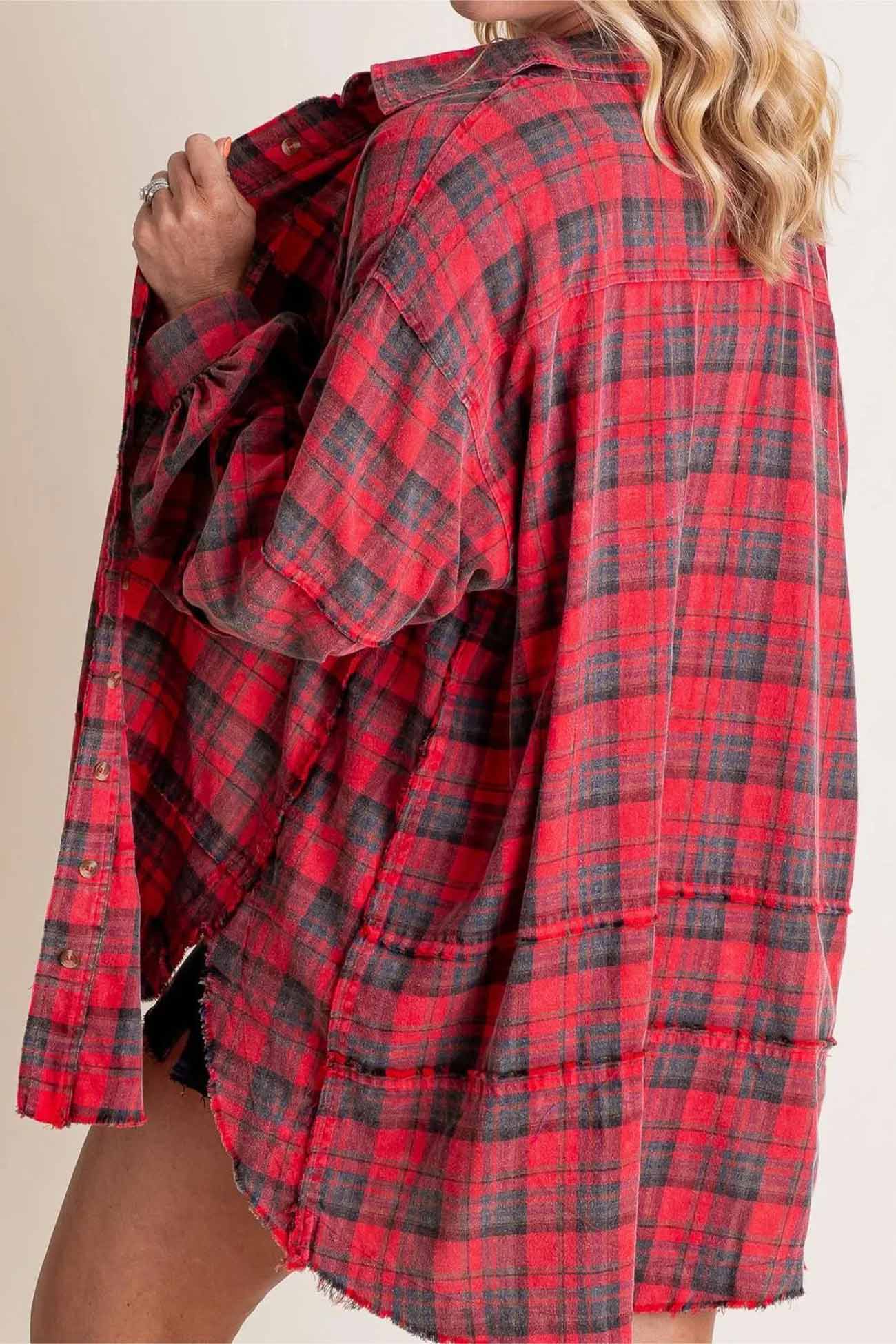 Plaid Button Down Fringed Slit Hem Blouse