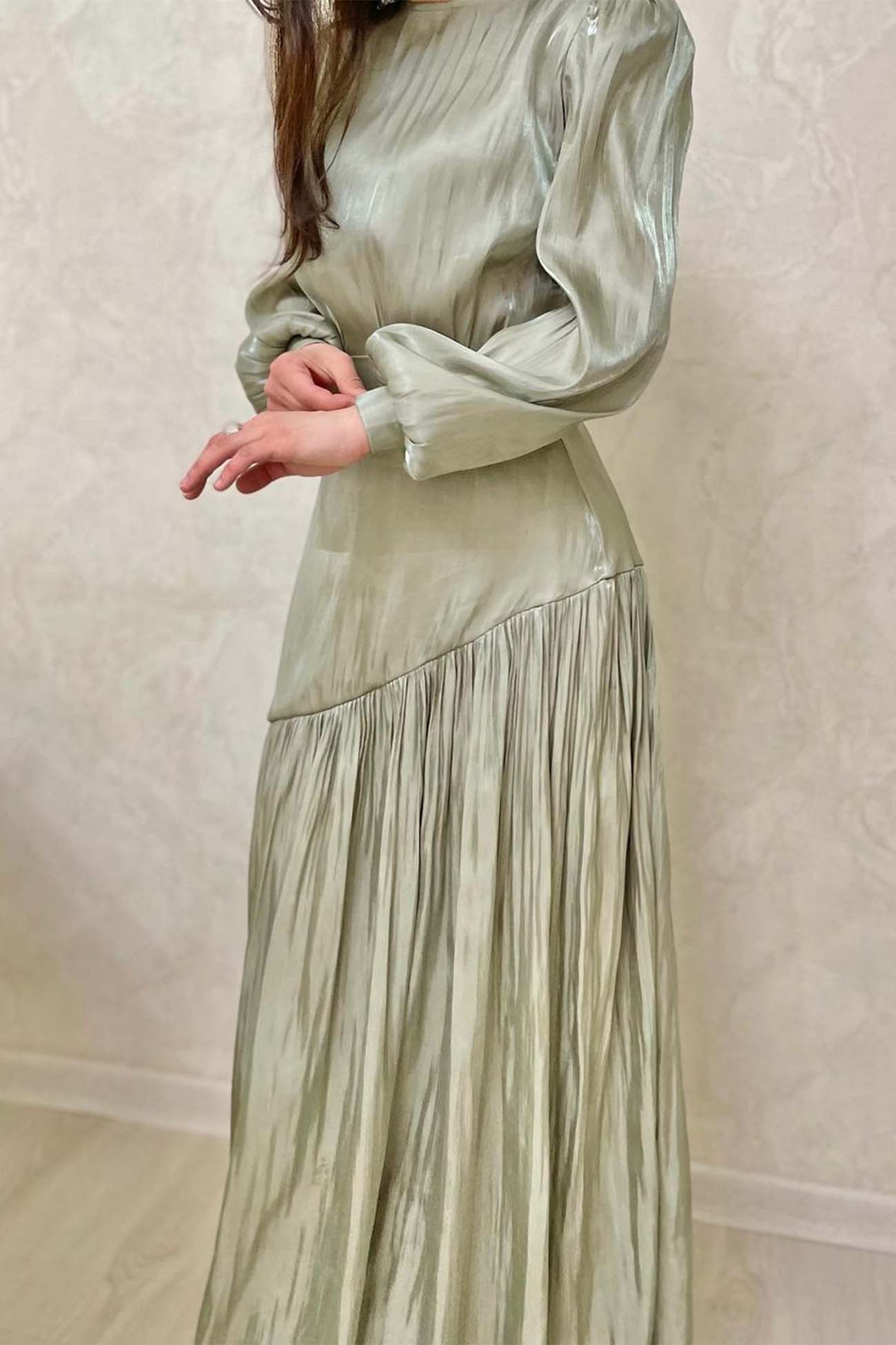 Pleated Tie Waist Long Sleeve Maxi Dress