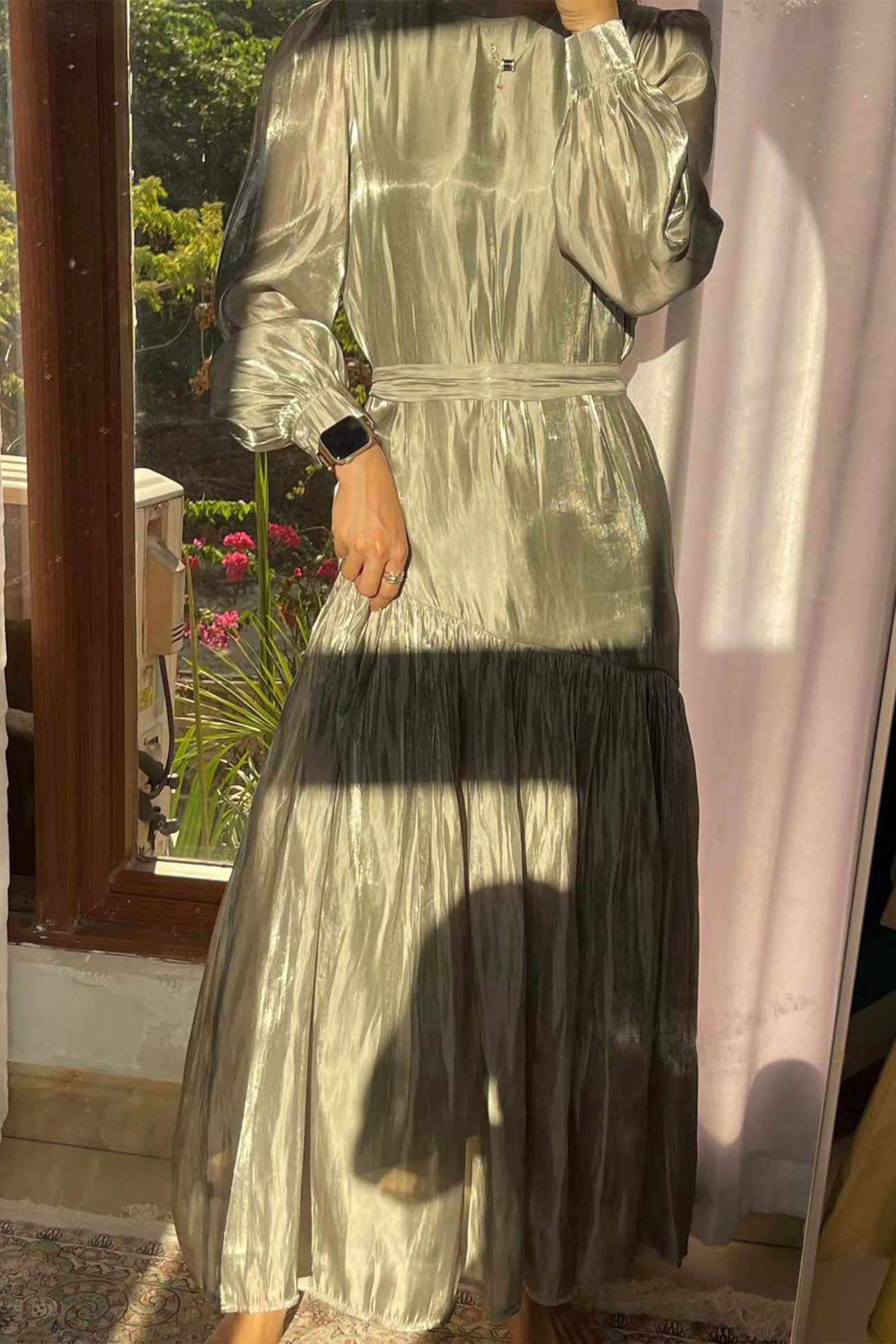 Pleated Tie Waist Long Sleeve Maxi Dress