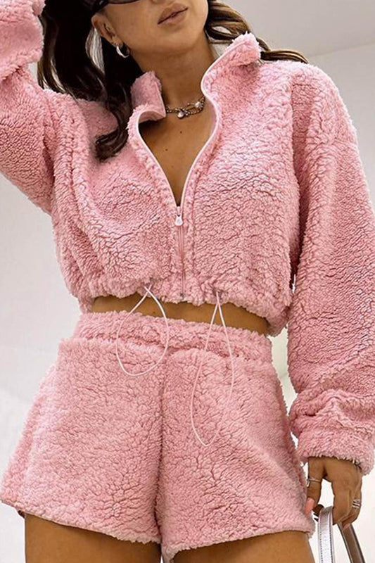 Plush Drawstring Crop Hoodie Shorts Set