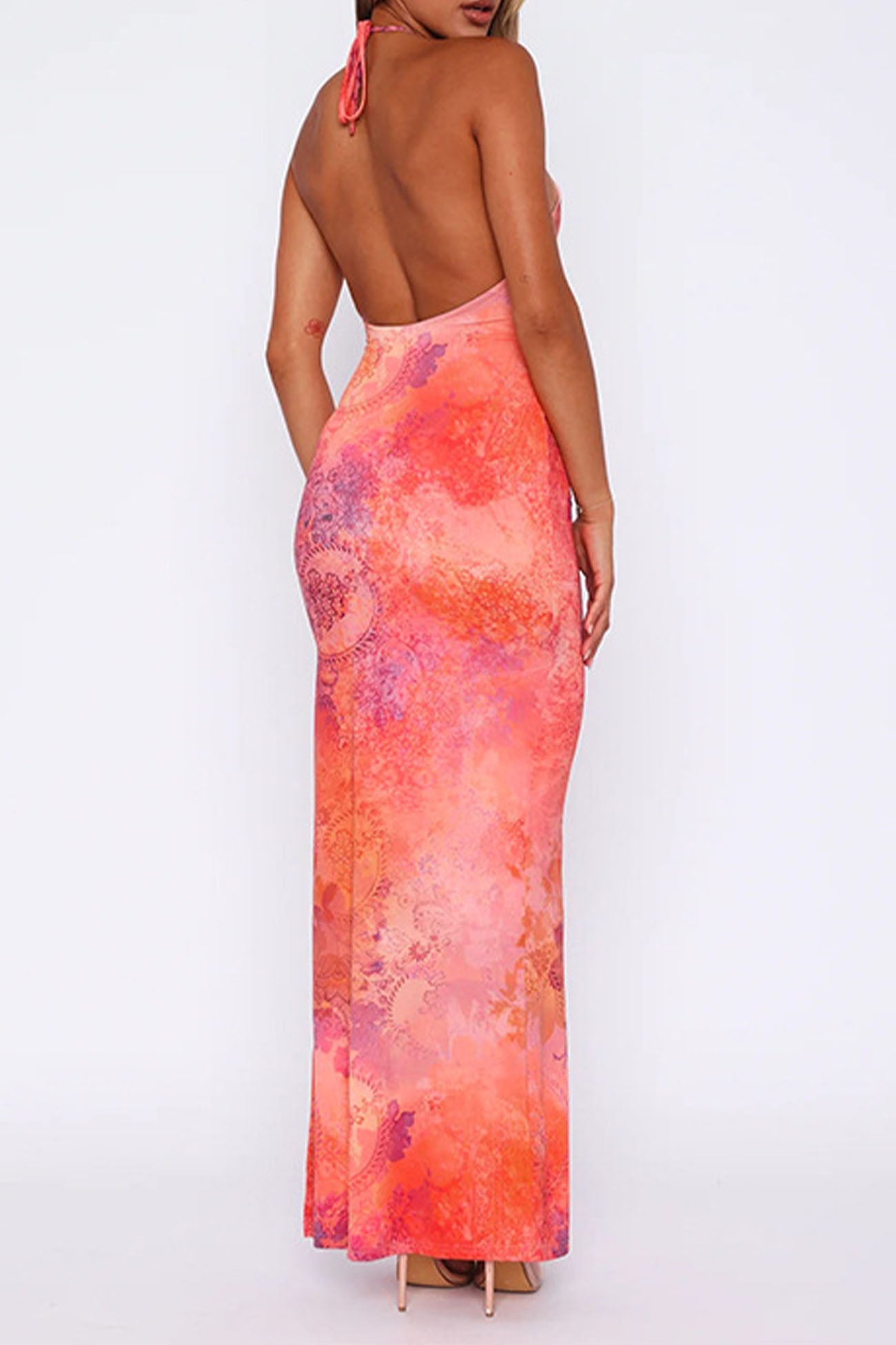 Printed Halterneck High Slit Bodycon Dress