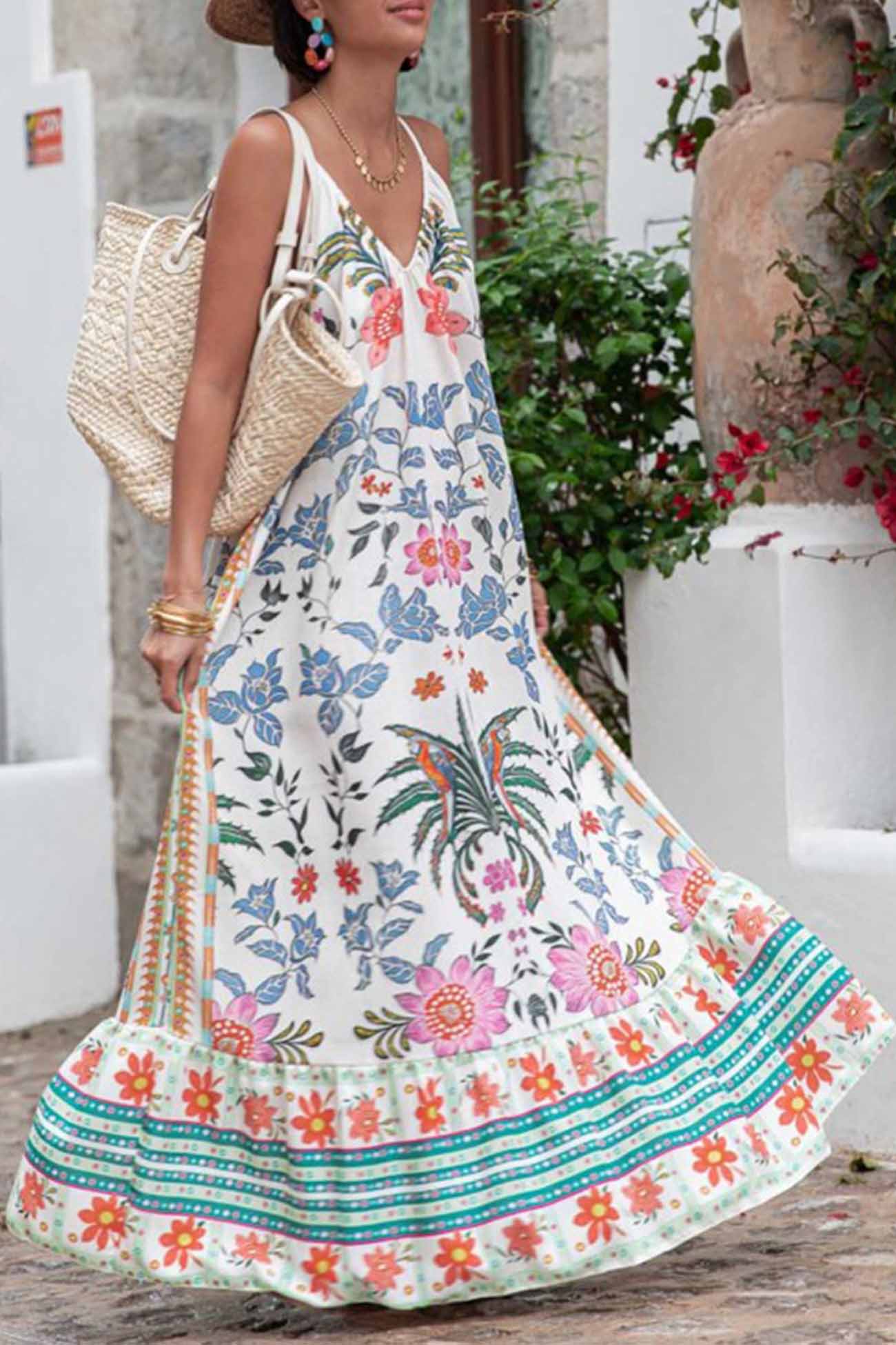 Printed Spaghetti Straps Backless Maxi Dress