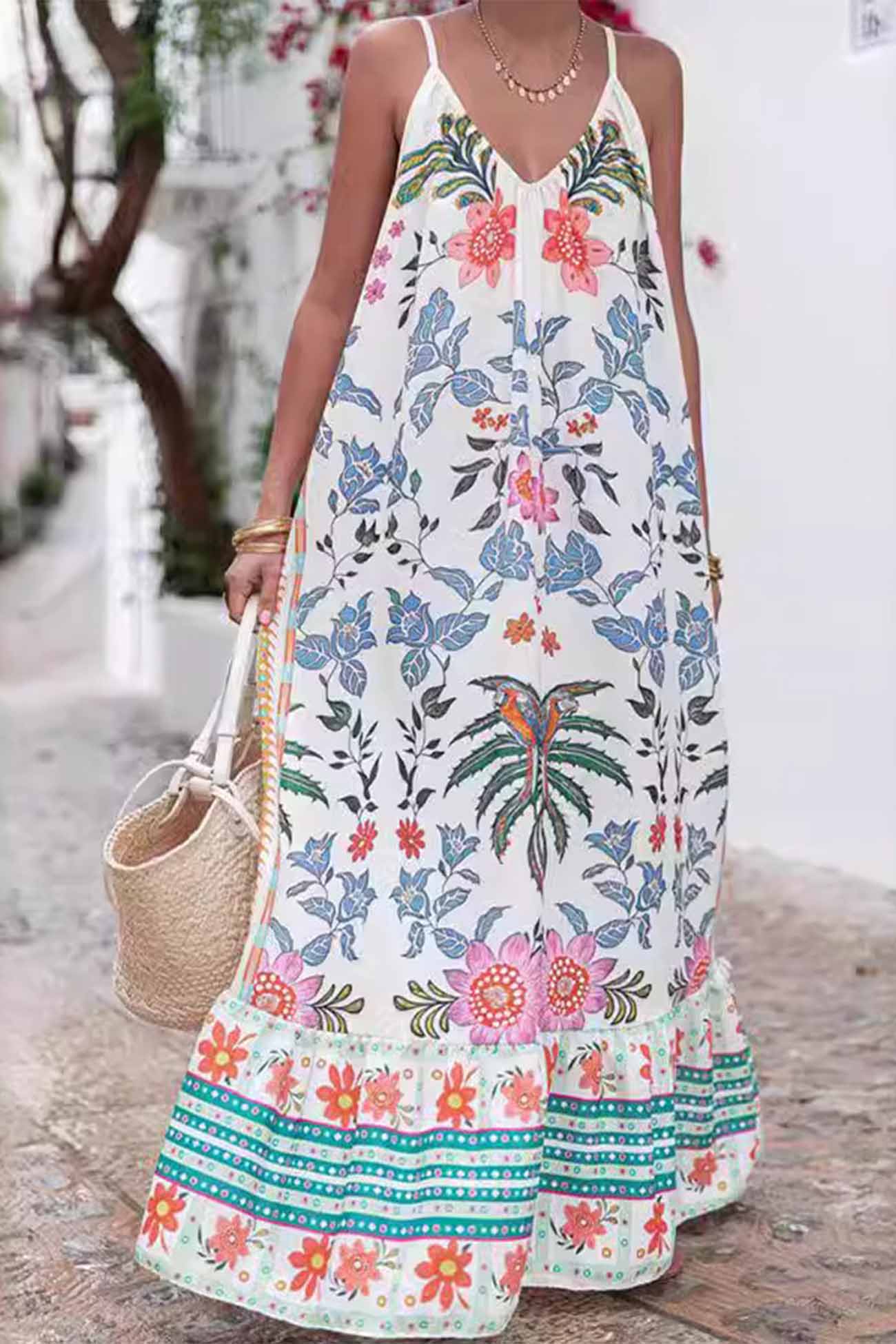 Printed Spaghetti Straps Backless Maxi Dress