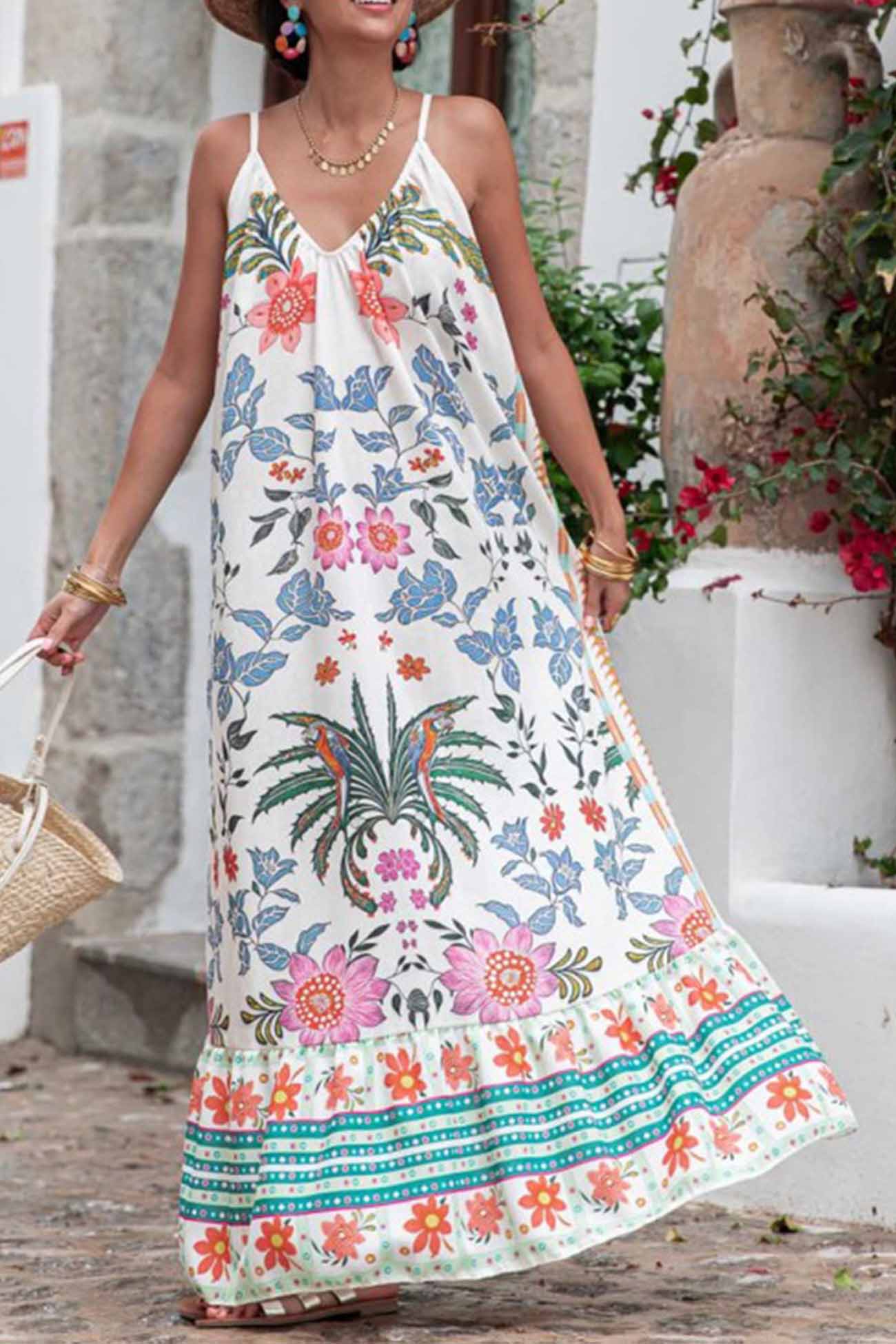 Printed Spaghetti Straps Backless Maxi Dress