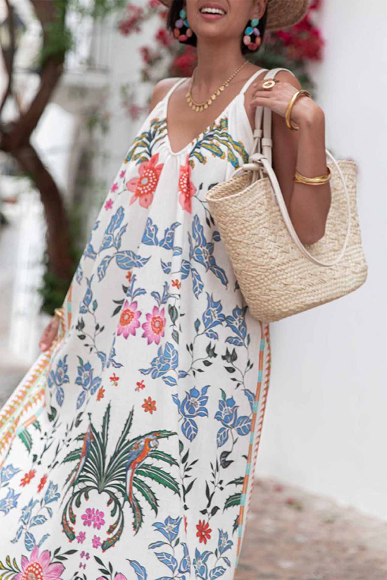 Printed Spaghetti Straps Backless Maxi Dress