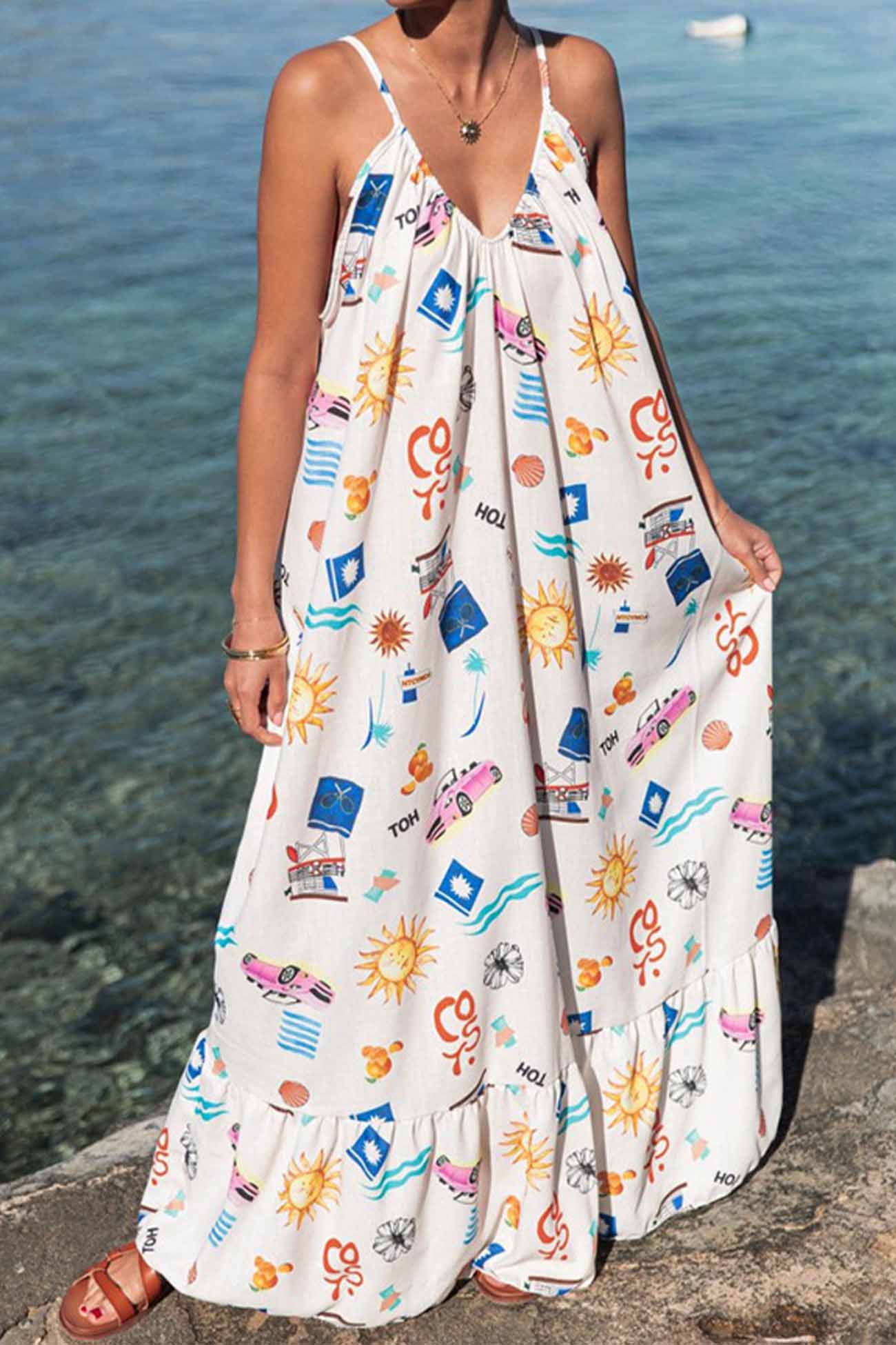 Printed Spaghetti Straps Backless Maxi Dress