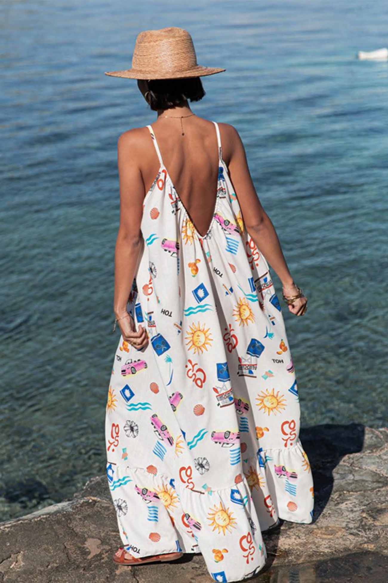 Printed Spaghetti Straps Backless Maxi Dress