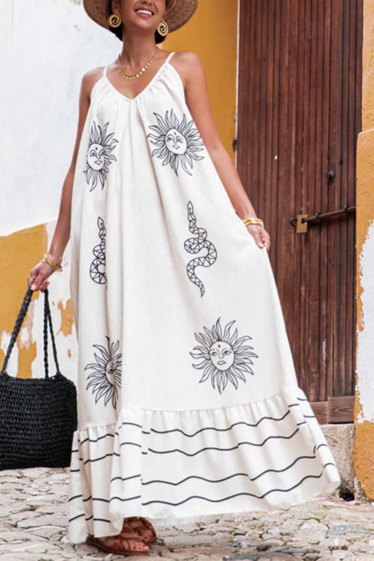 Printed Spaghetti Straps Backless Maxi Dress