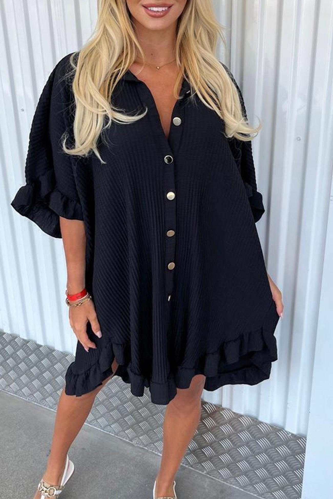 Ribbed Ruffle Button-down Shirt Dress