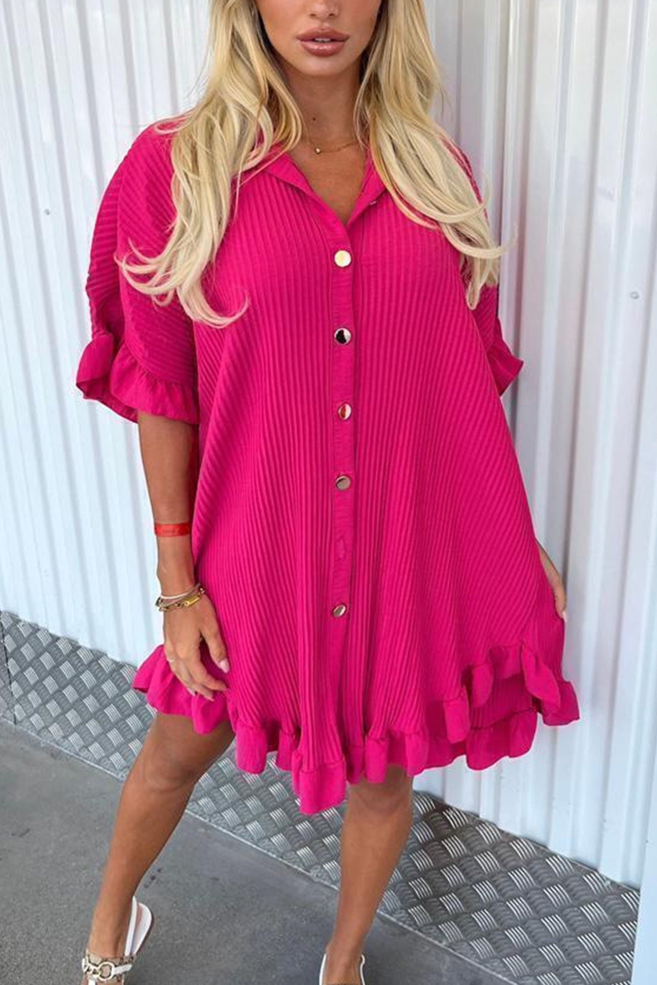 Ribbed Ruffle Button-down Shirt Dress