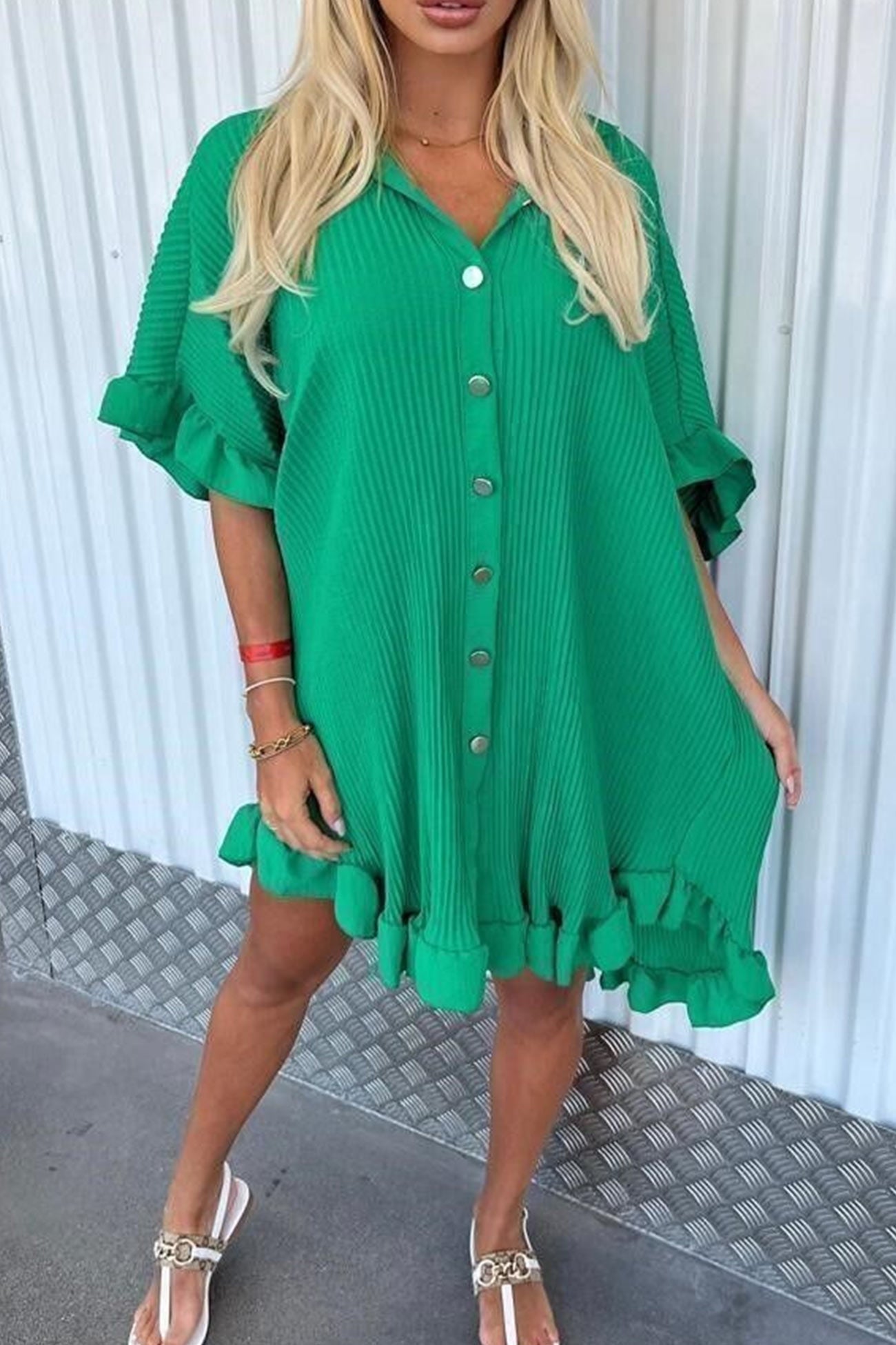 Ribbed Ruffle Button-down Shirt Dress