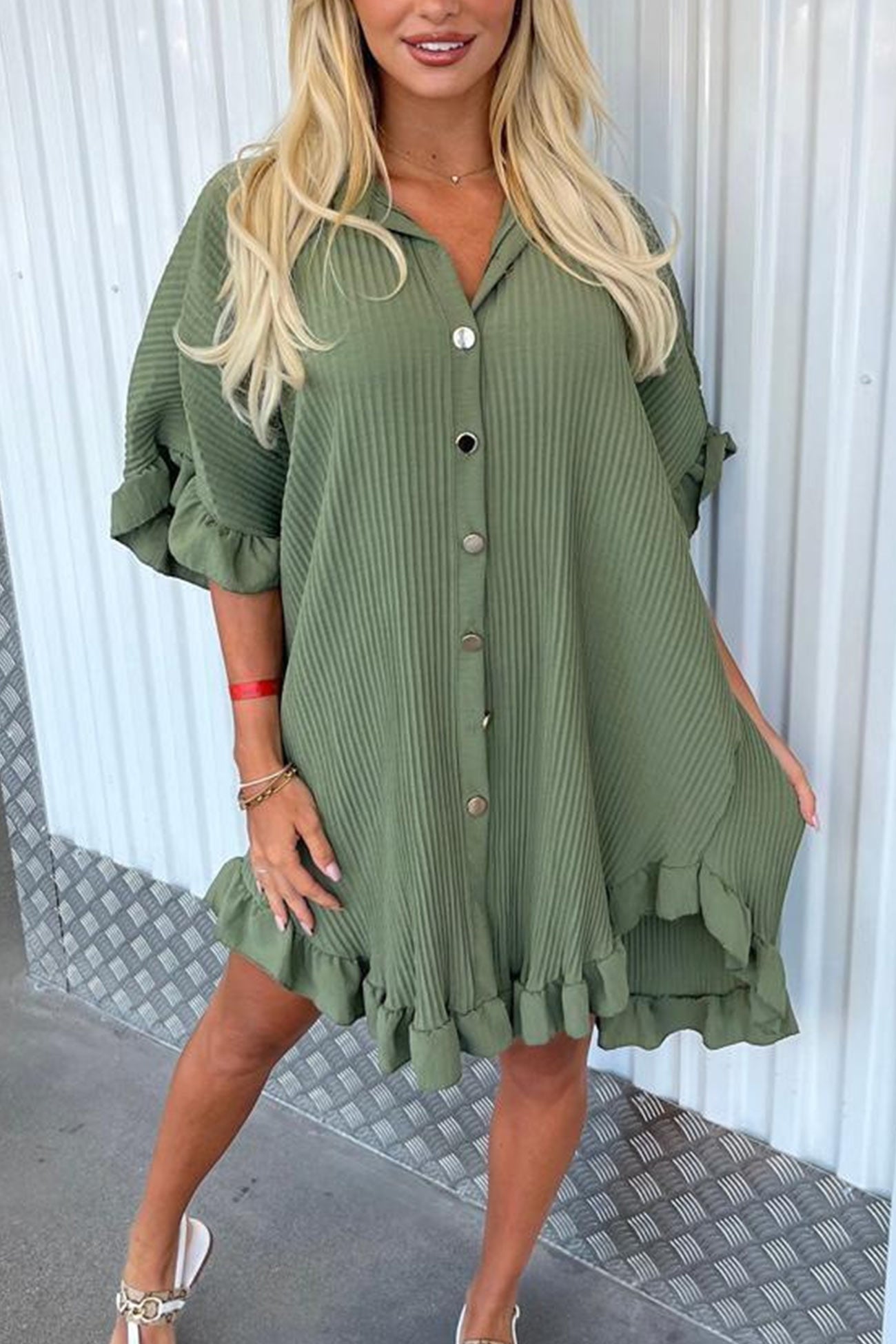 Ribbed Ruffle Button-down Shirt Dress