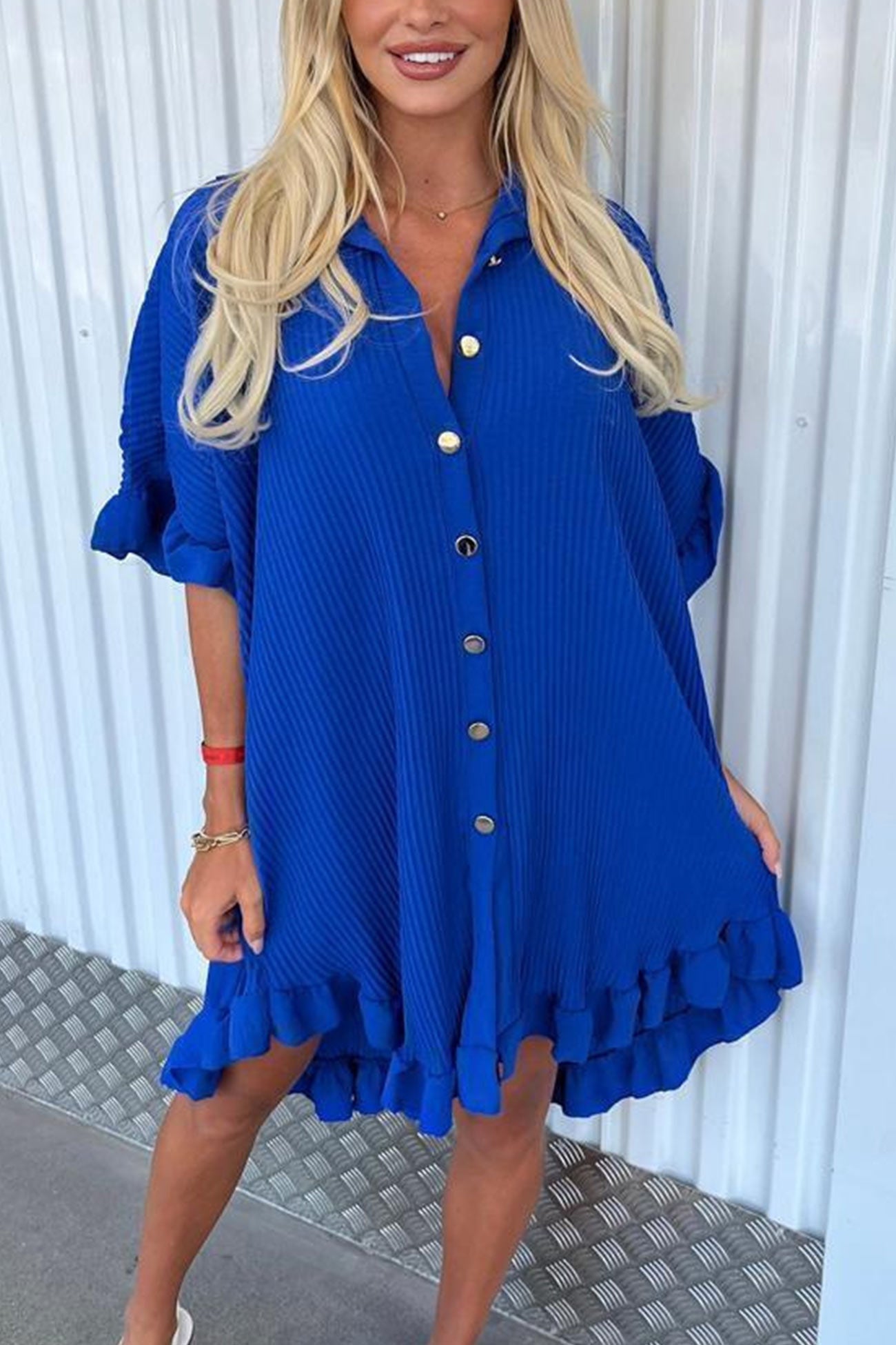 Ribbed Ruffle Button-down Shirt Dress