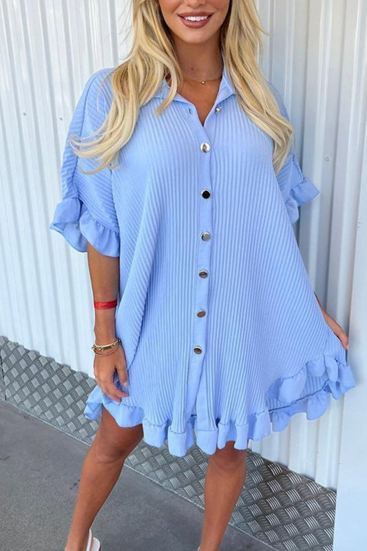 Ribbed Ruffle Button-down Shirt Dress