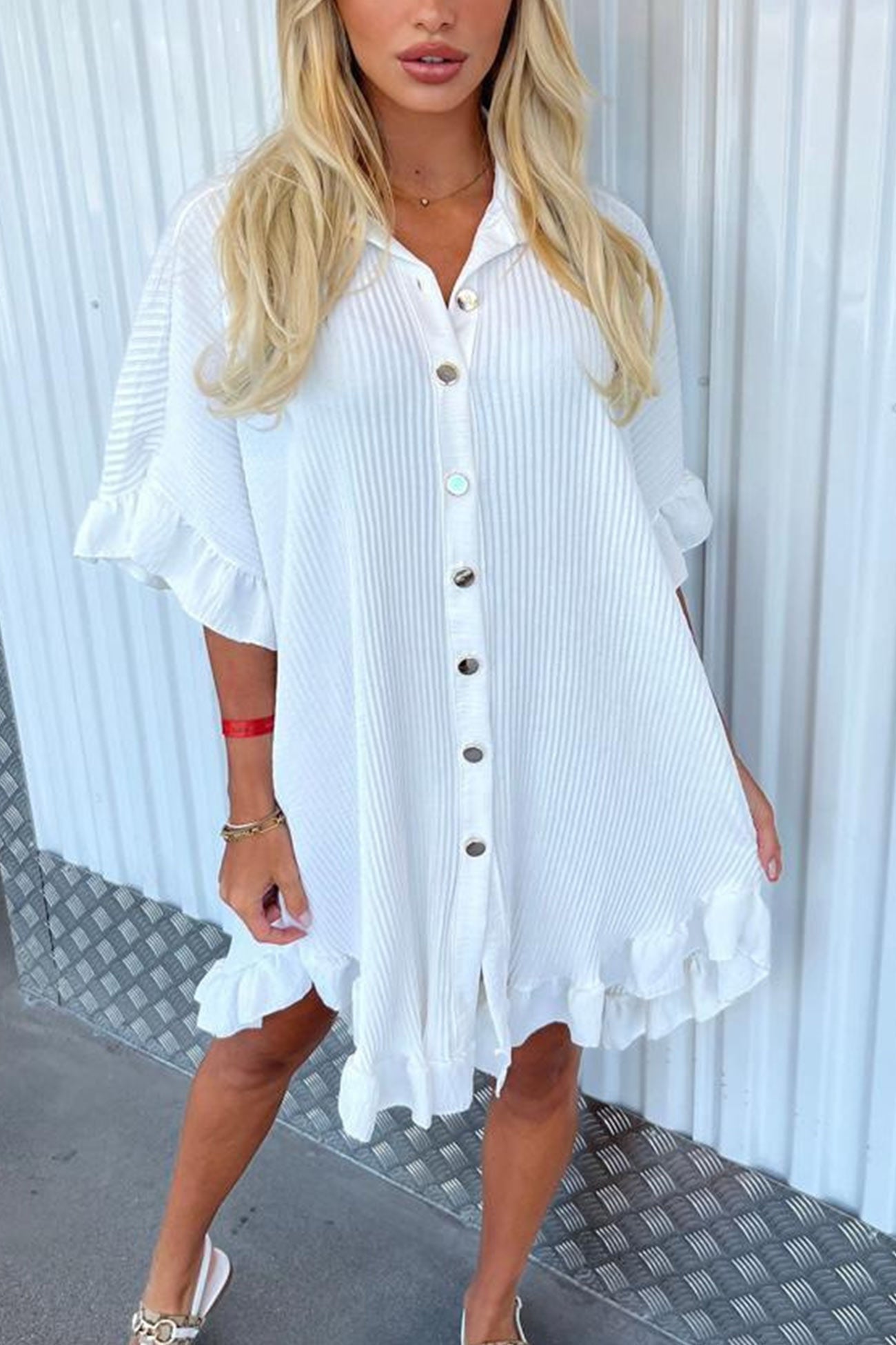 Ribbed Ruffle Button-down Shirt Dress