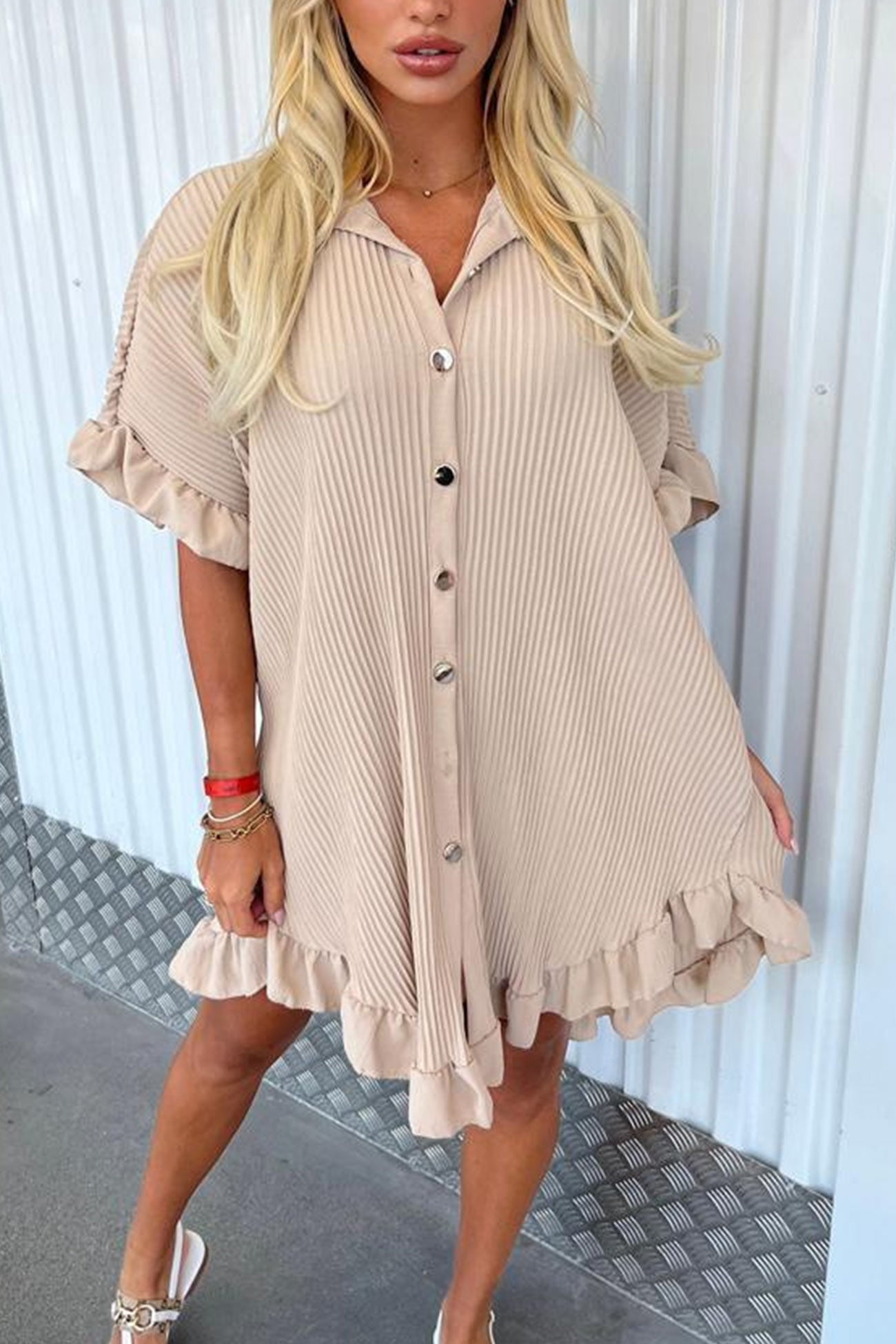 Ribbed Ruffle Button-down Shirt Dress