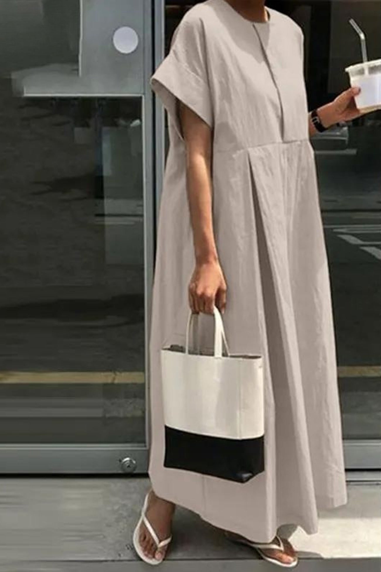 Round Neck Cotton Linen Maxi Dress