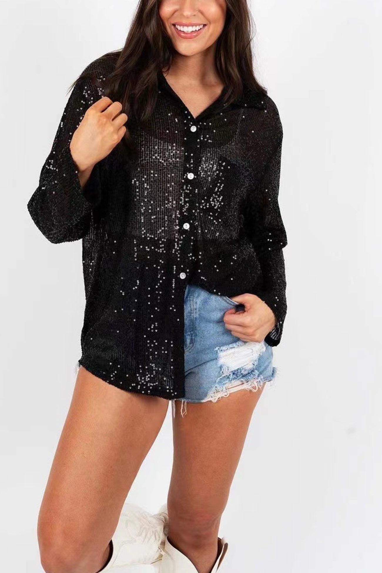 Sequins Lapel Long Sleeve Blouse