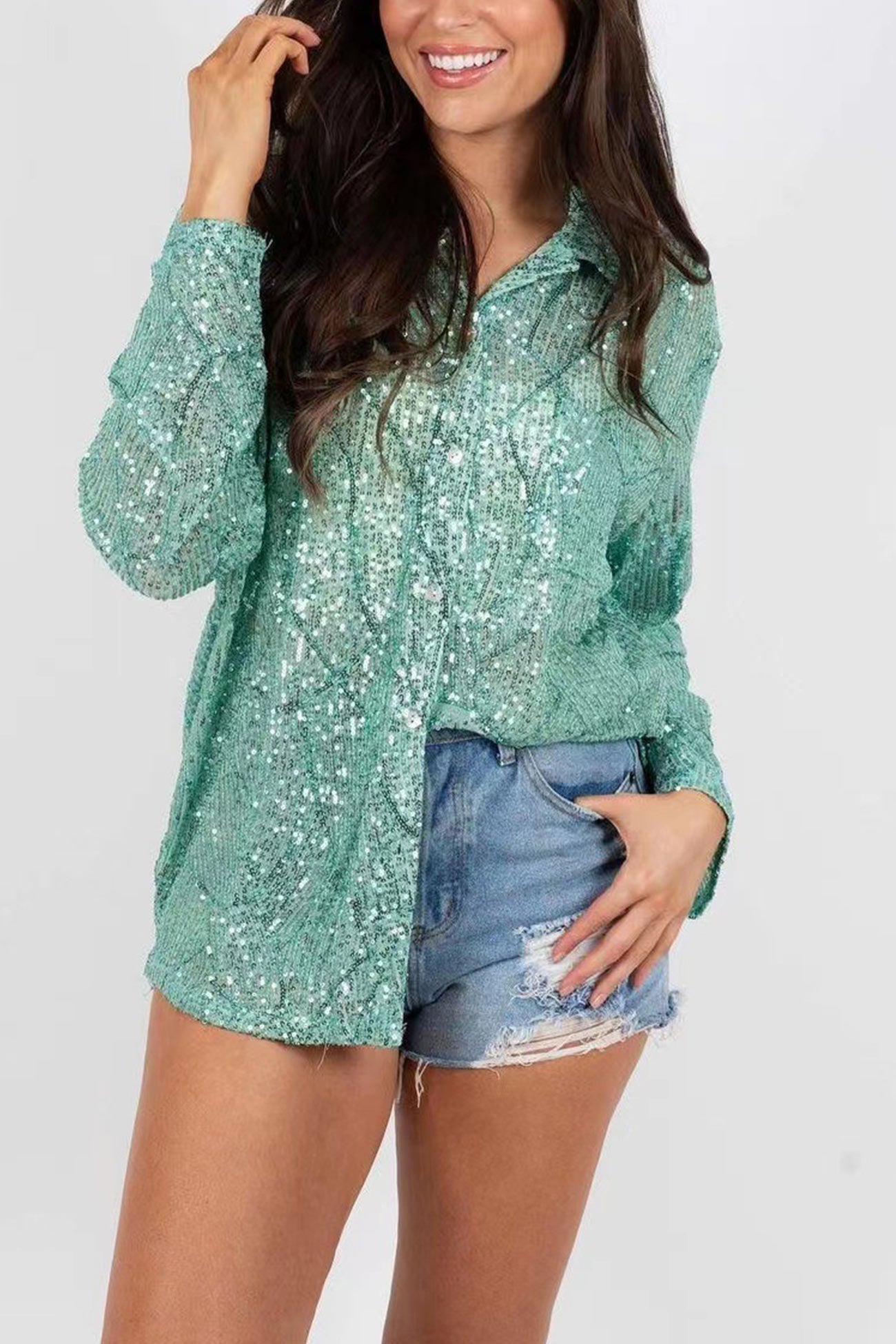 Sequins Lapel Long Sleeve Blouse