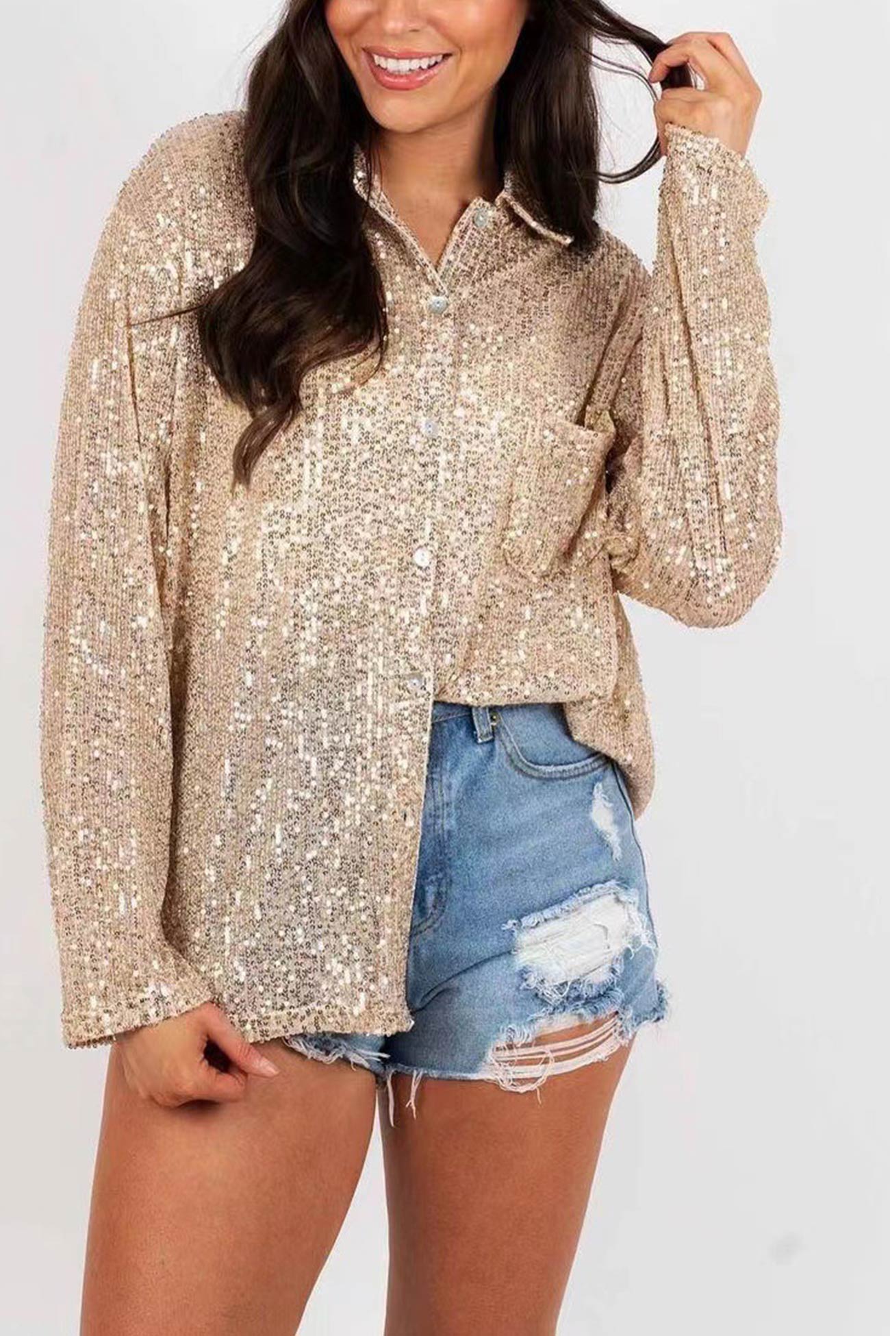 Sequins Lapel Long Sleeve Blouse