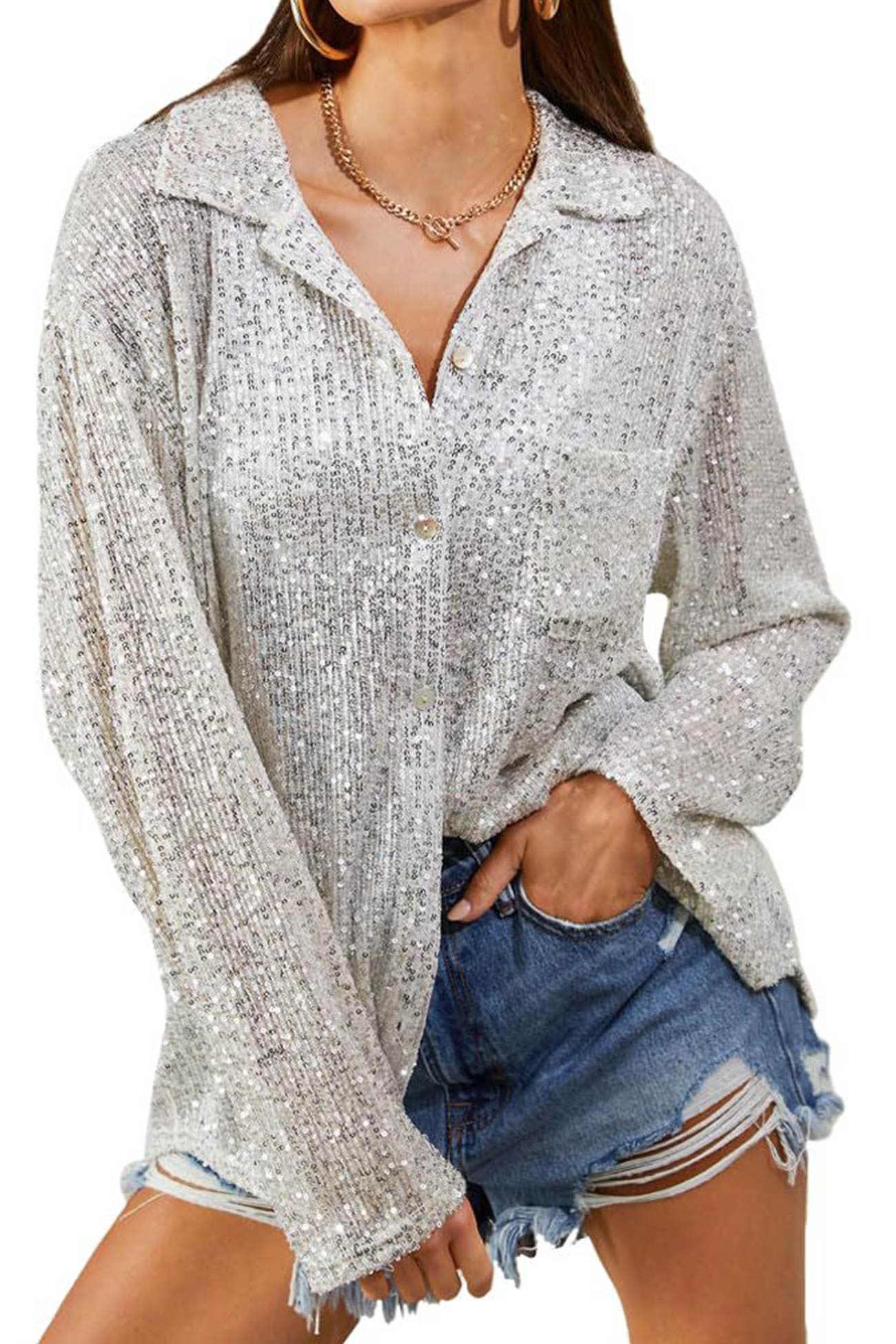 Sequins Lapel Long Sleeve Blouse