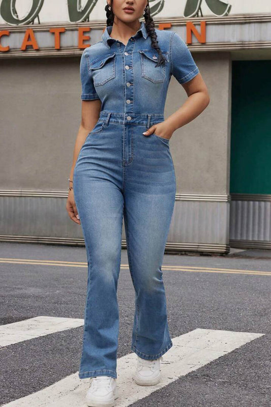 Short Sleeve High Waist Denim Jumpsuits