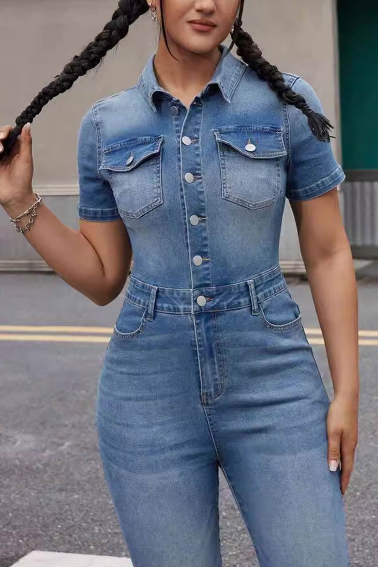 Short Sleeve High Waist Denim Jumpsuits