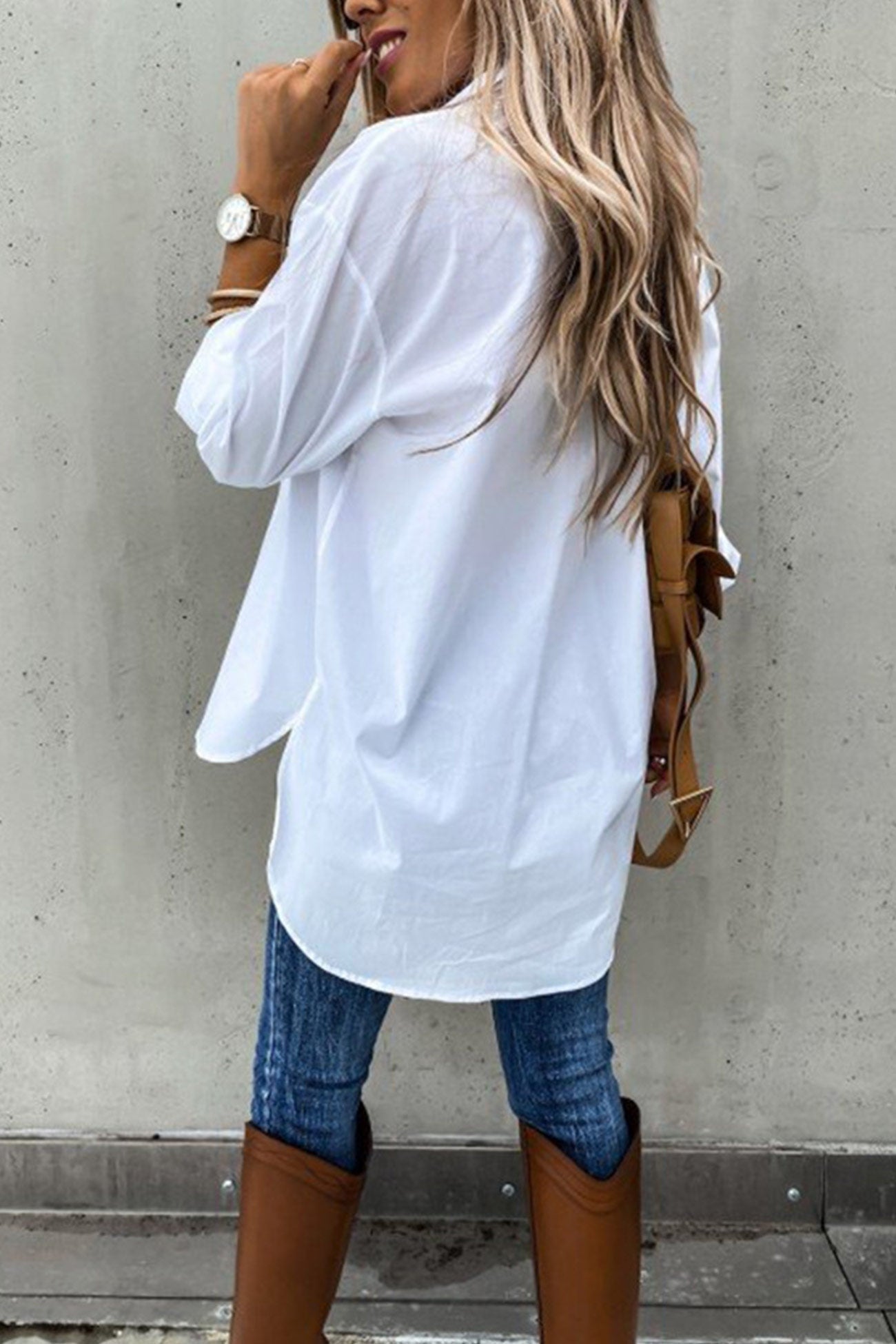 Solid Button-down High Low Hem Blouse