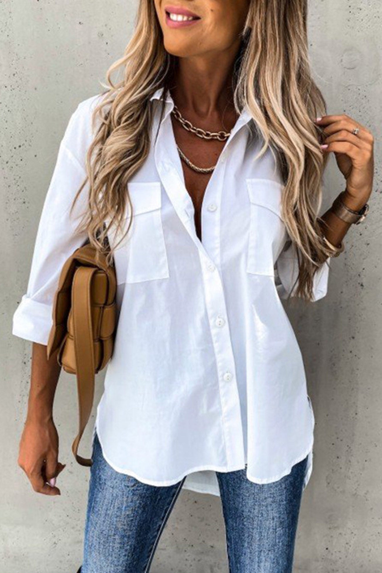 Solid Button-down High Low Hem Blouse