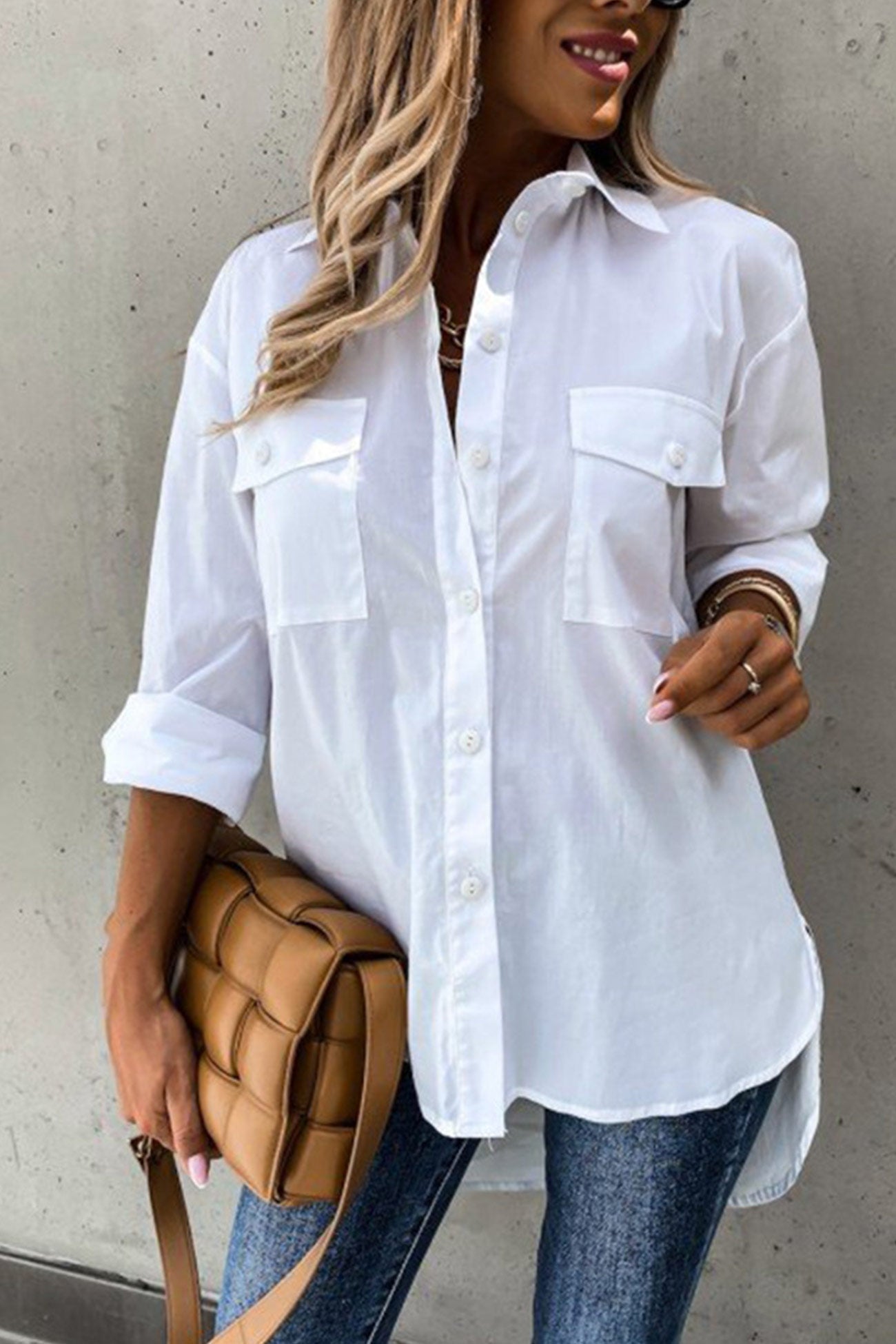 Solid Button-down High Low Hem Blouse