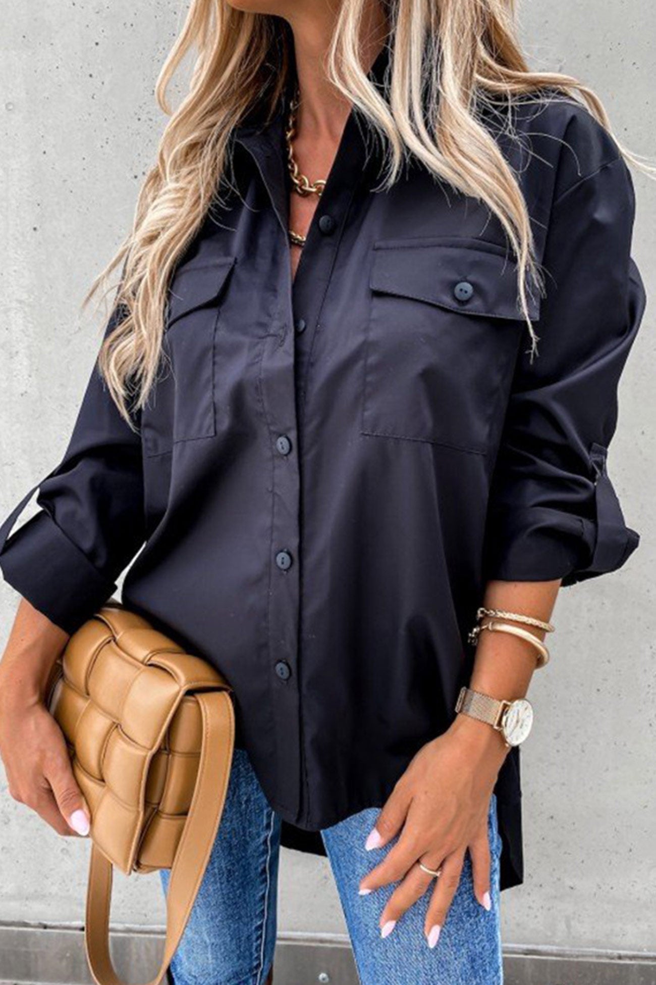 Solid Button-down High Low Hem Blouse