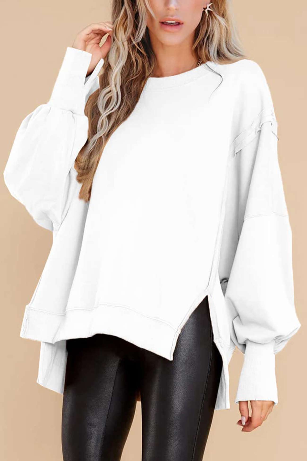 Solid Crew Neck Long Sleeve Slit Sweatshirt