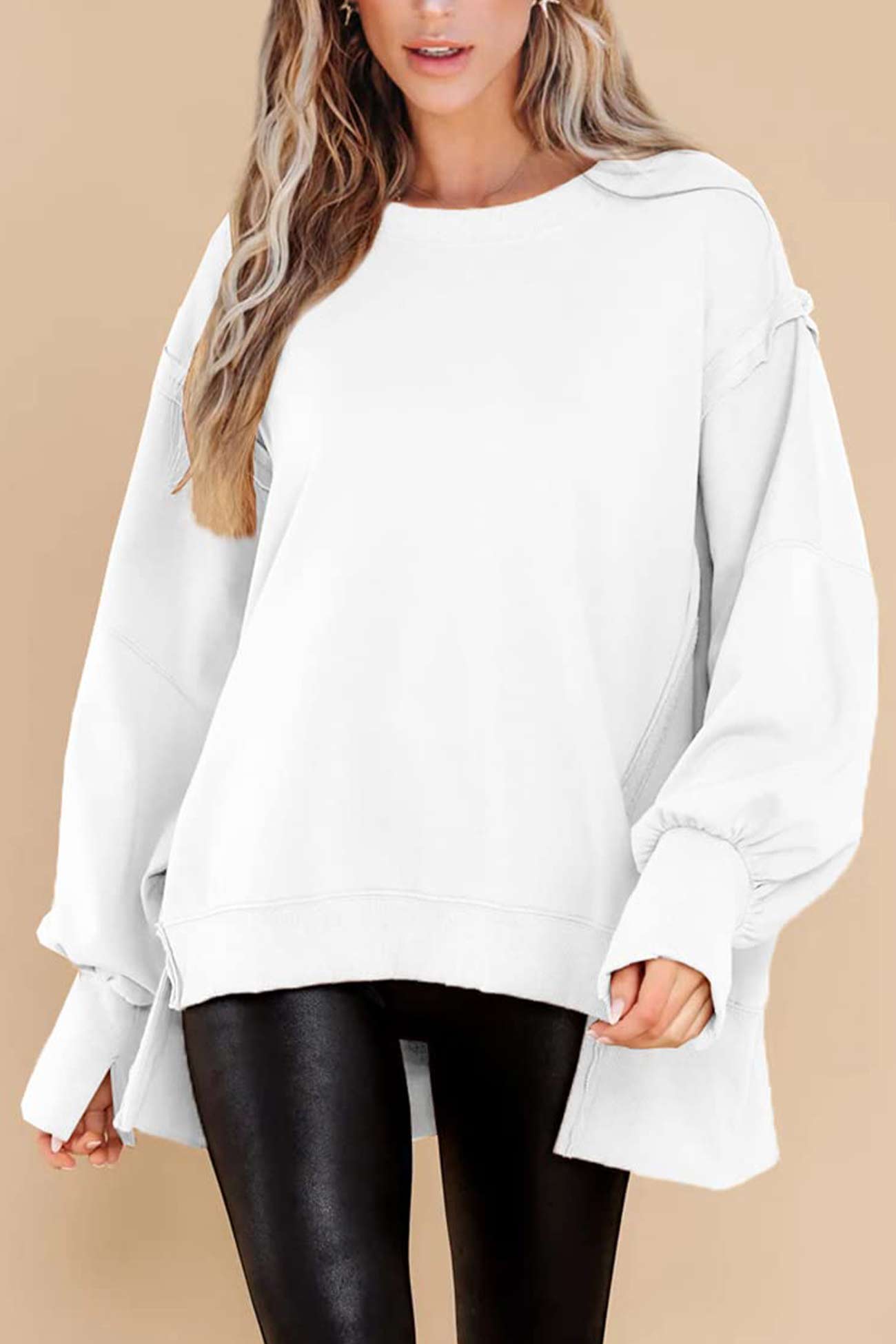 Solid Crew Neck Long Sleeve Slit Sweatshirt