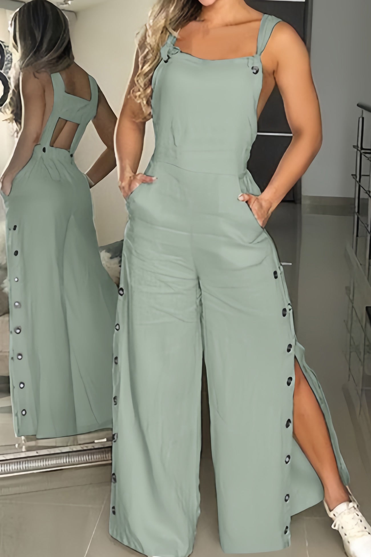 Solid Cutout Button Slit Wide Leg Jumpsuits