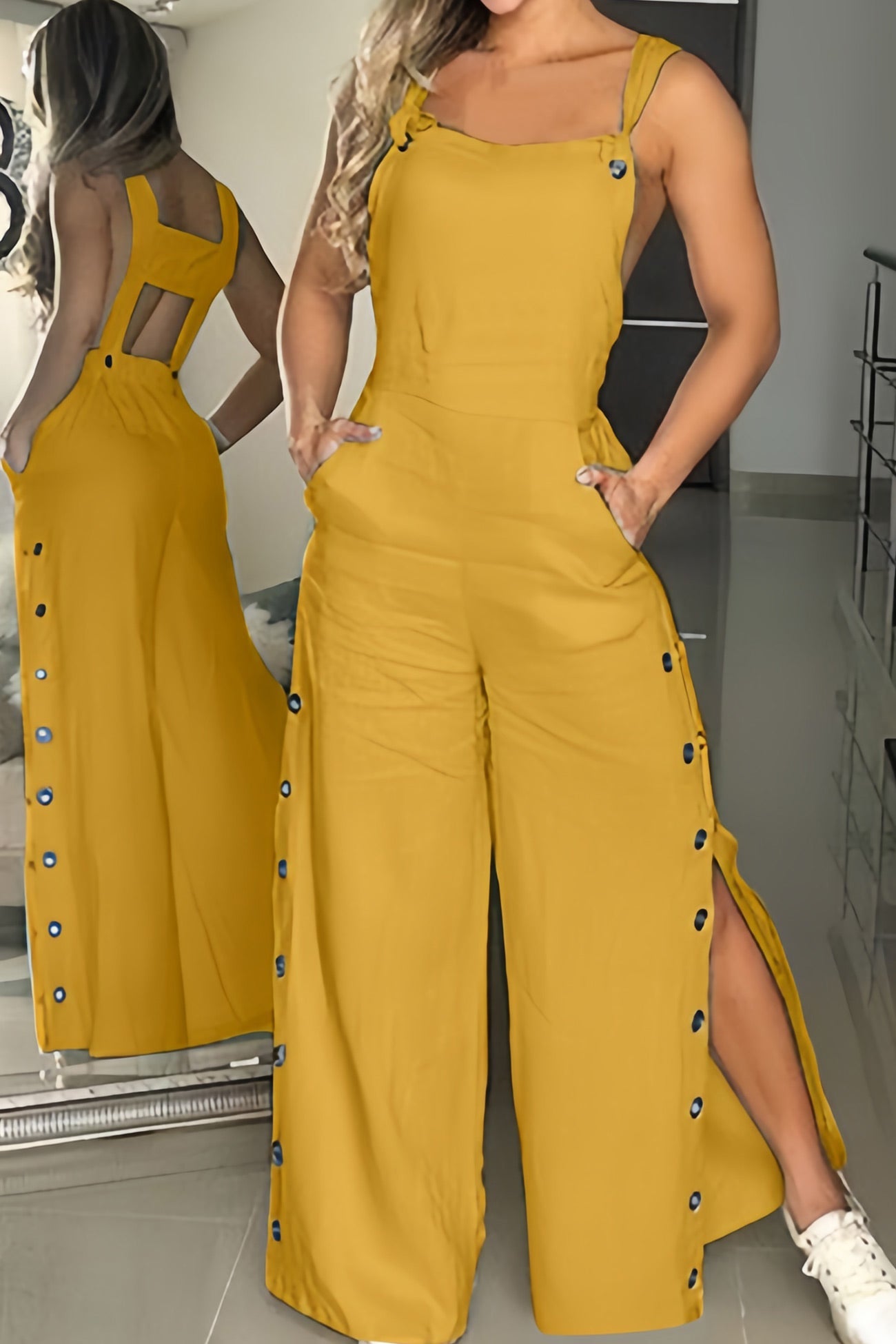 Solid Cutout Button Slit Wide Leg Jumpsuits