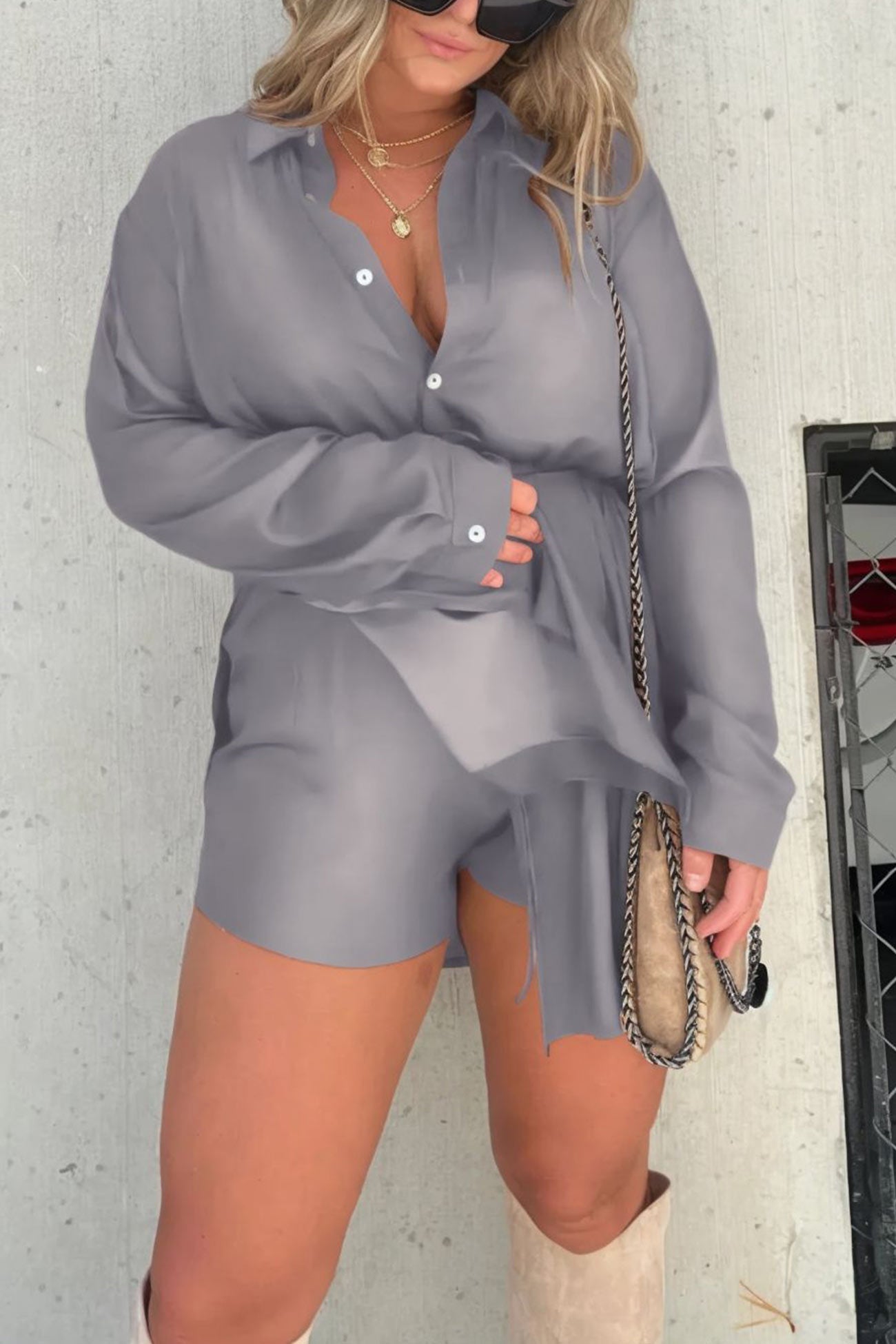 Solid Fake Two-piece Blouse Rompers