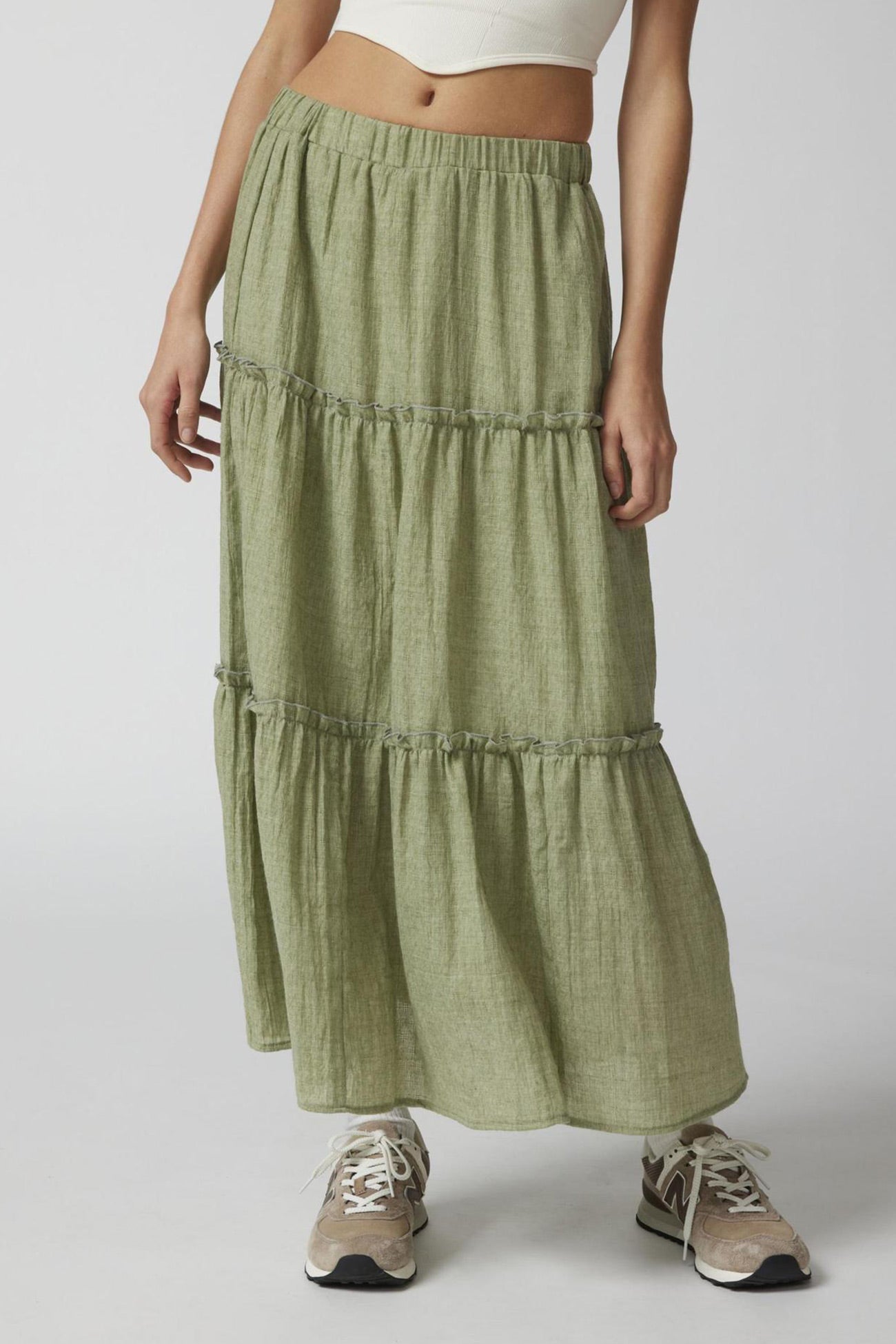 Solid Ruched Tiered Midi Skirt