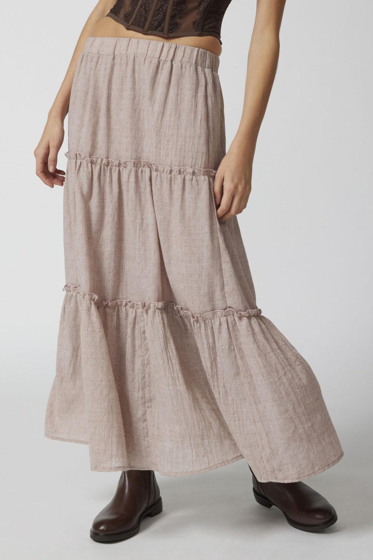 Solid Ruched Tiered Midi Skirt