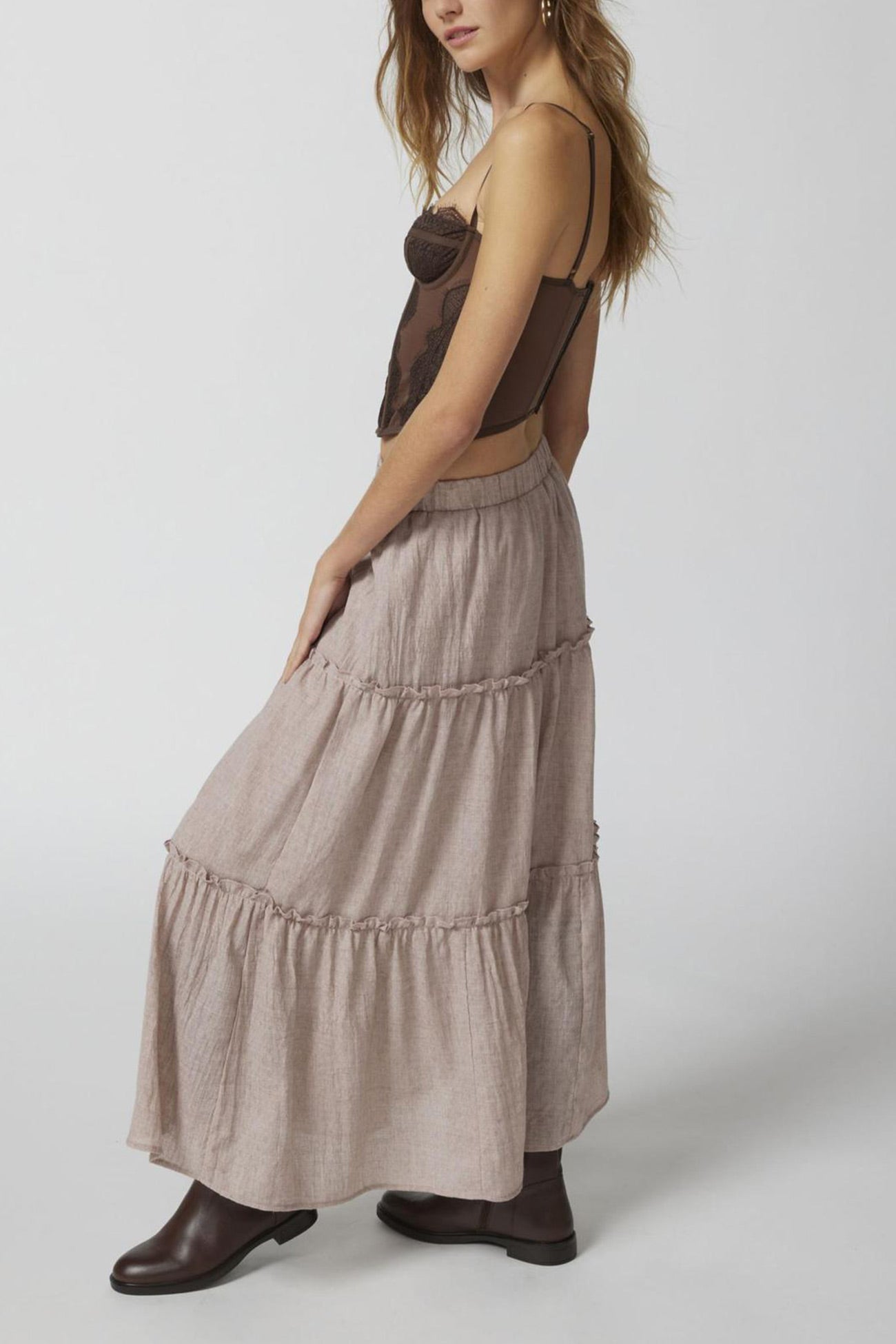 Solid Ruched Tiered Midi Skirt