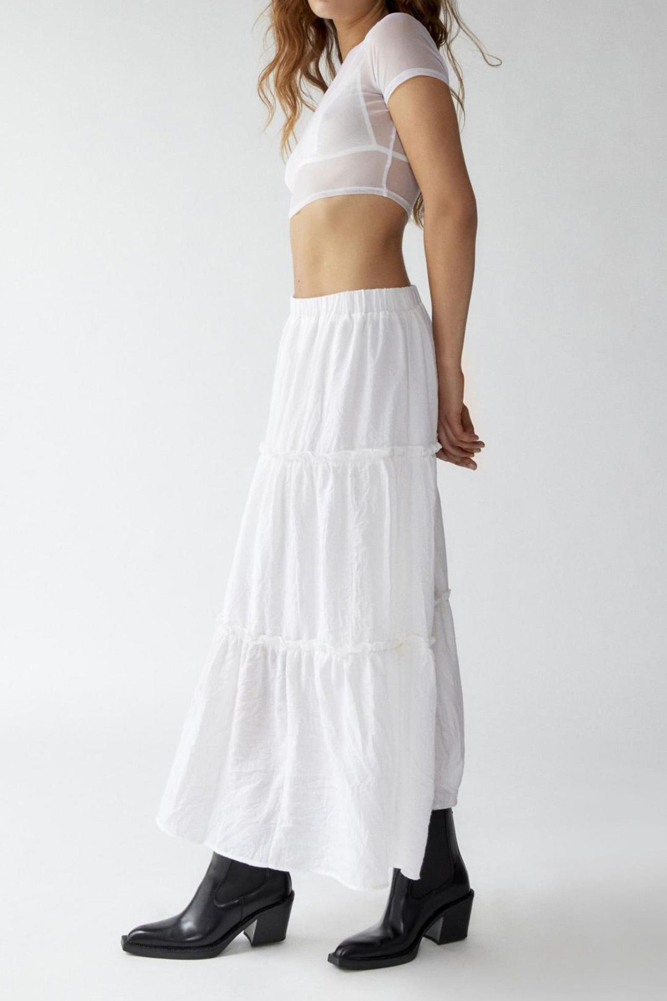 Solid Ruched Tiered Midi Skirt