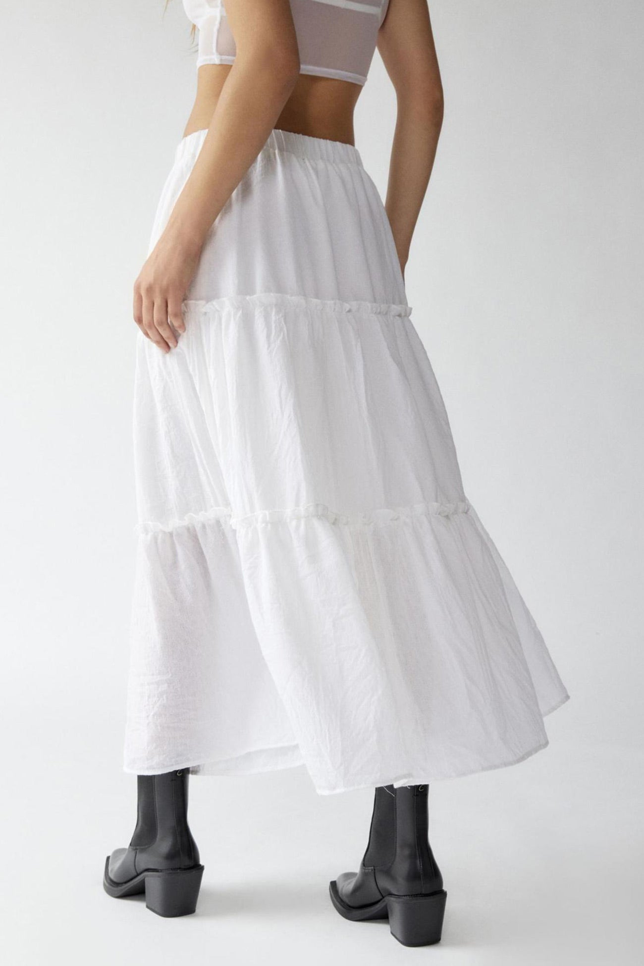 Solid Ruched Tiered Midi Skirt