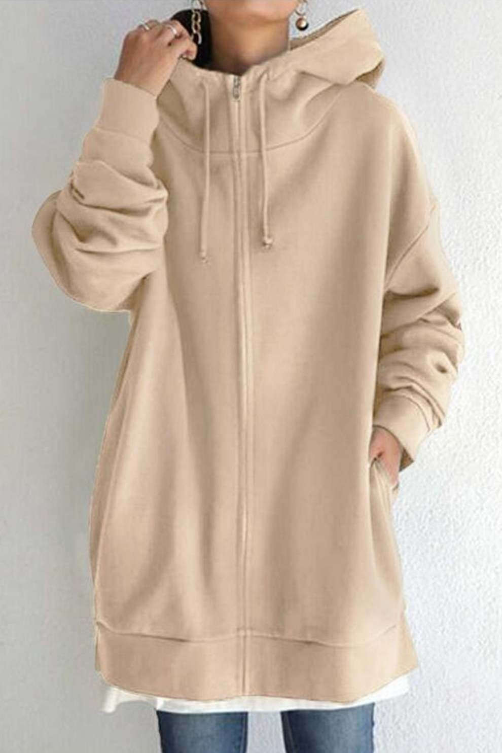 Solid Zipper Mid-length Hoodie