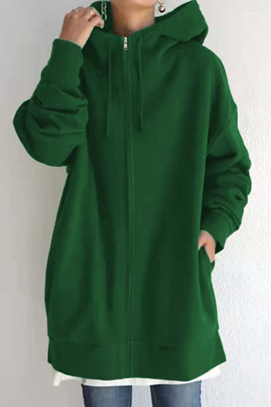 Solid Zipper Mid-length Hoodie