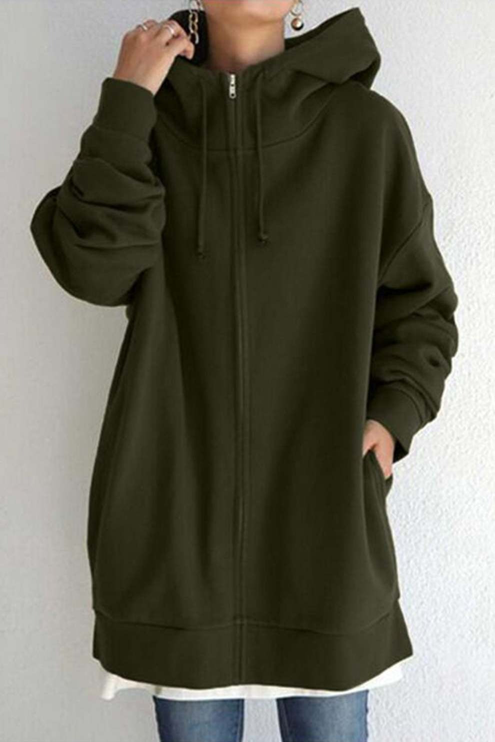 Solid Zipper Mid-length Hoodie