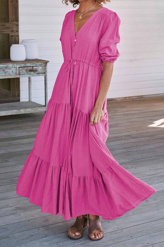 Solid Button Down Tiered Half Sleeve Dress