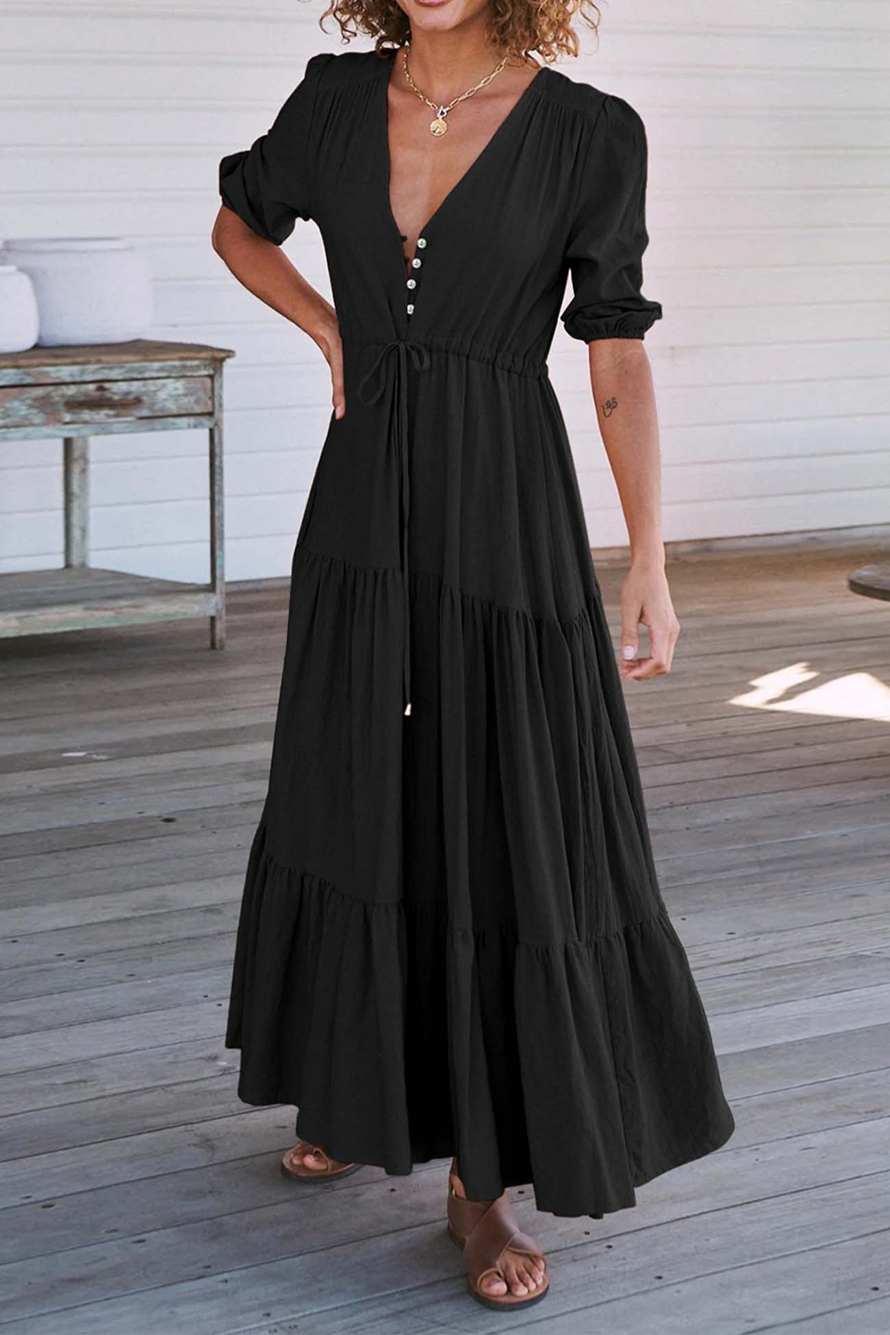 Solid Button Down Tiered Half Sleeve Dress