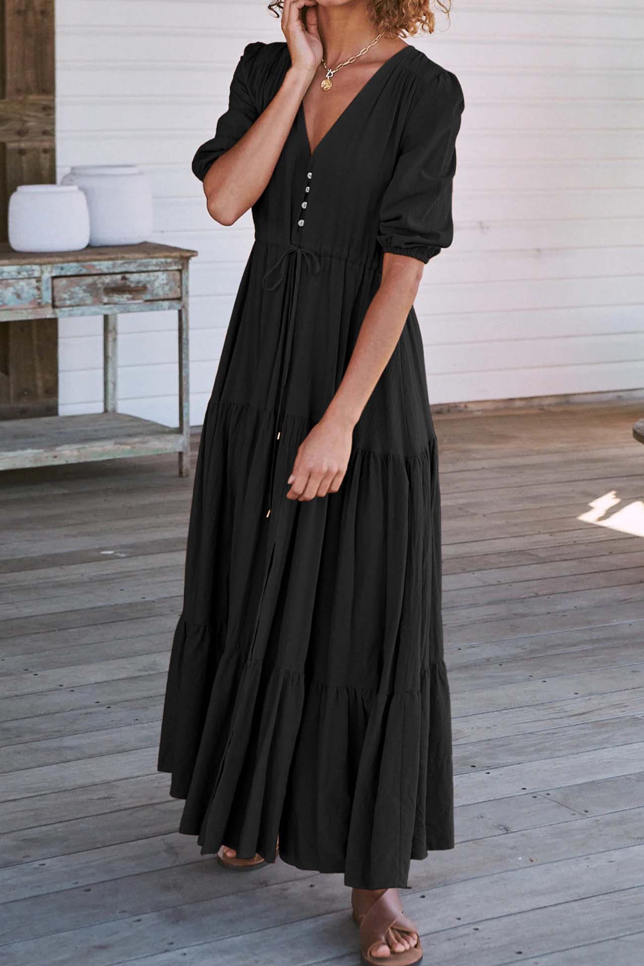 Solid Button Down Tiered Half Sleeve Dress