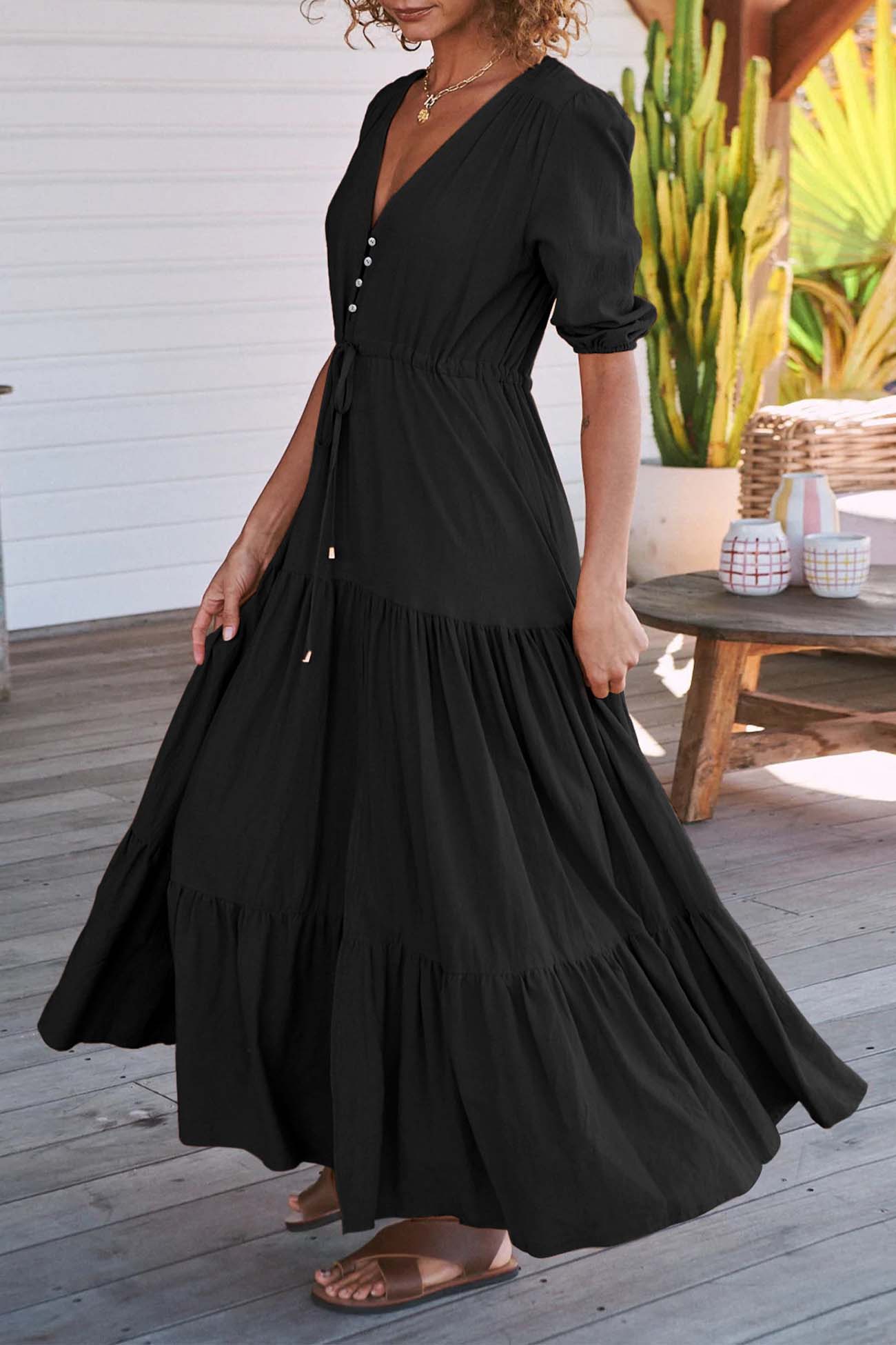 Solid Button Down Tiered Half Sleeve Dress