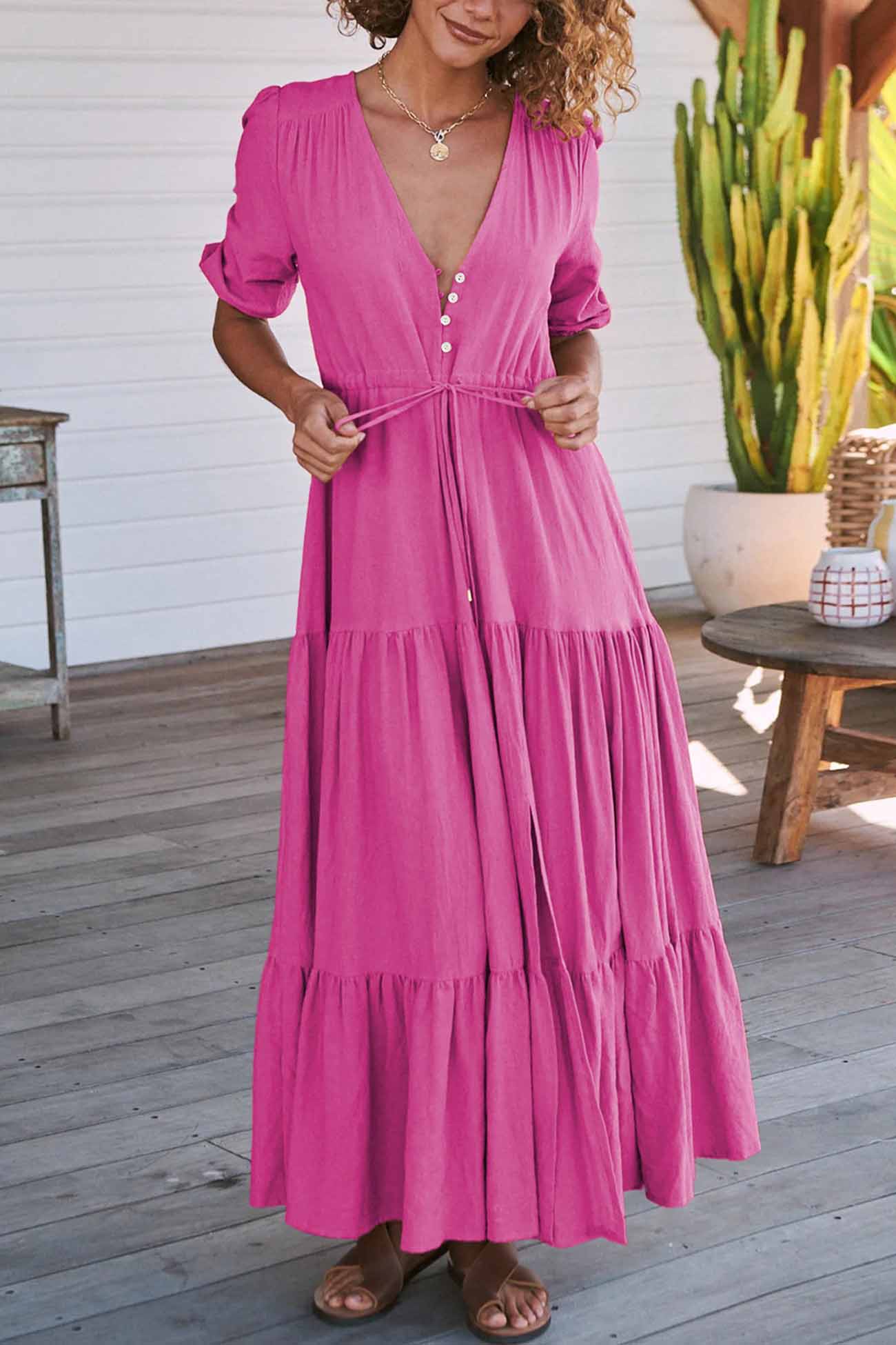 Solid Button Down Tiered Half Sleeve Dress